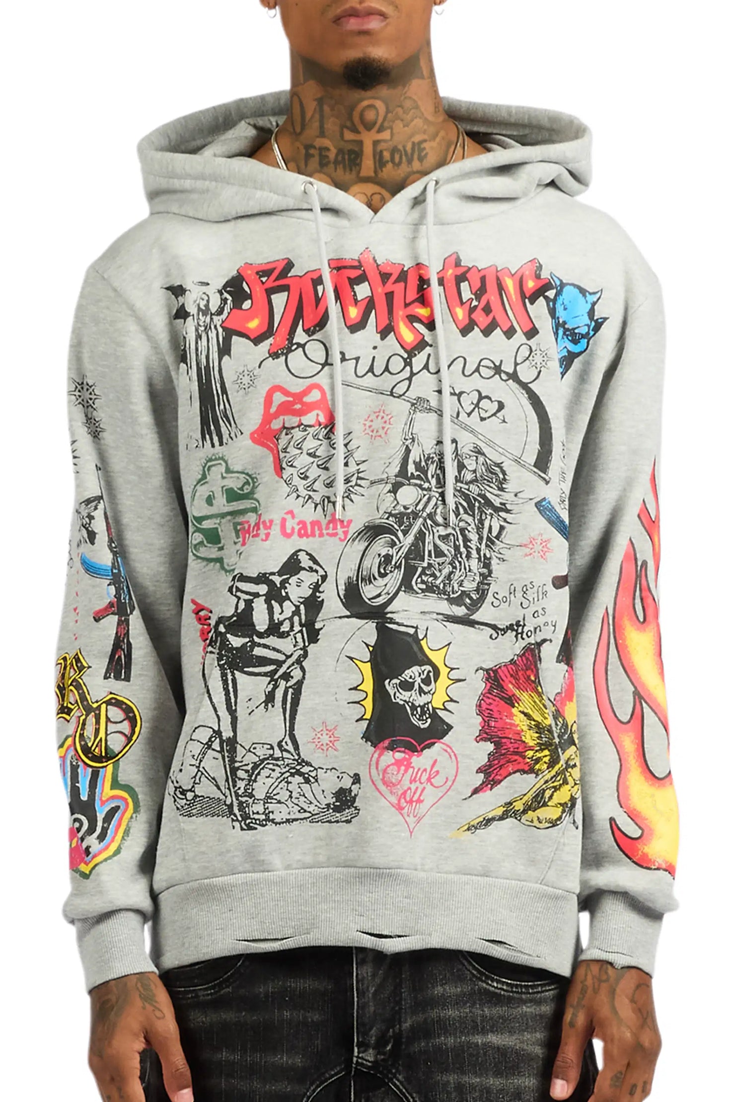 Shootah Heather Grey Distressed Graphic Relaxed Relaxed Hoodie