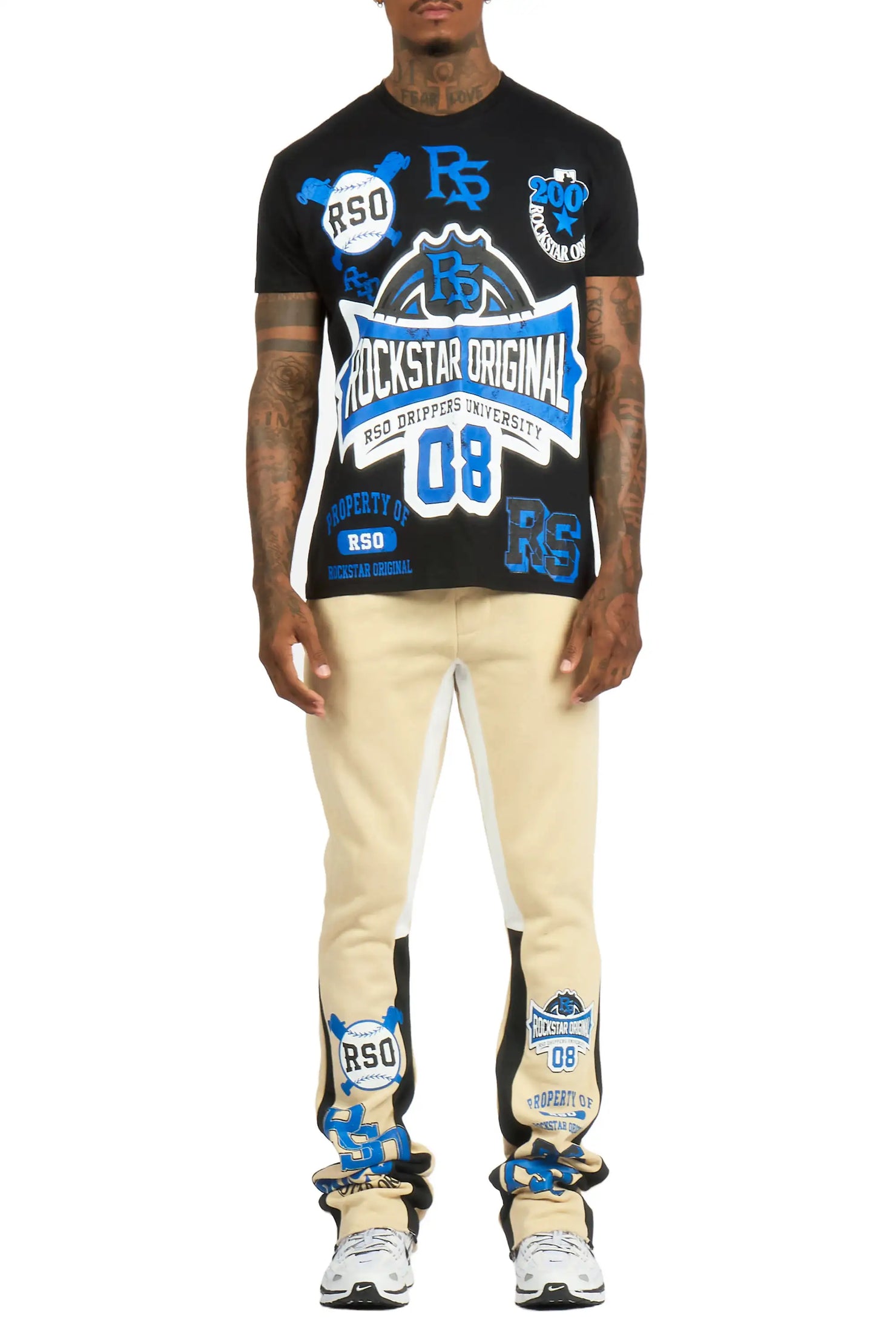 Mavrix Black/Beige T-shirt/Stacked Flare Track Pant Set