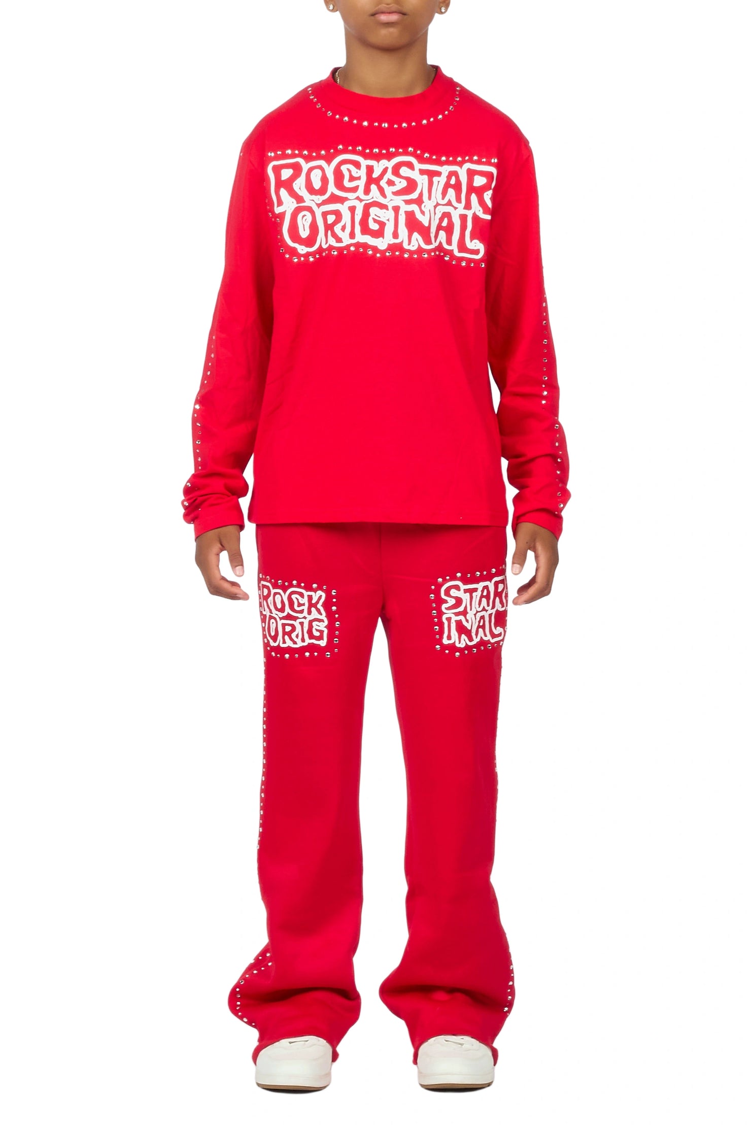 Boys Marc Red Rhinestone Long Sleeve Shirt Relaxed Track Set