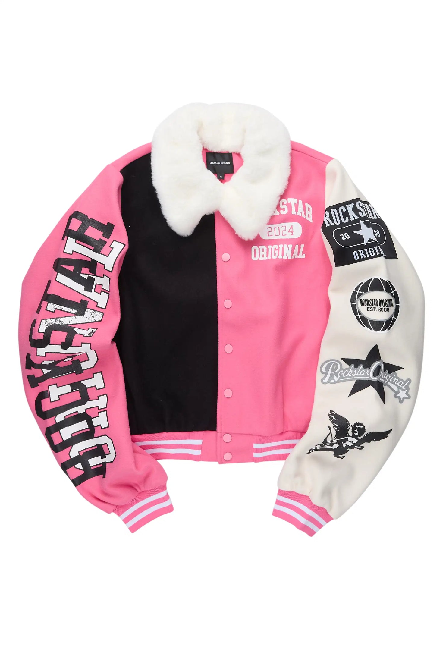 Kisha Pink/Black/White Fur Collar Varsity Jacket