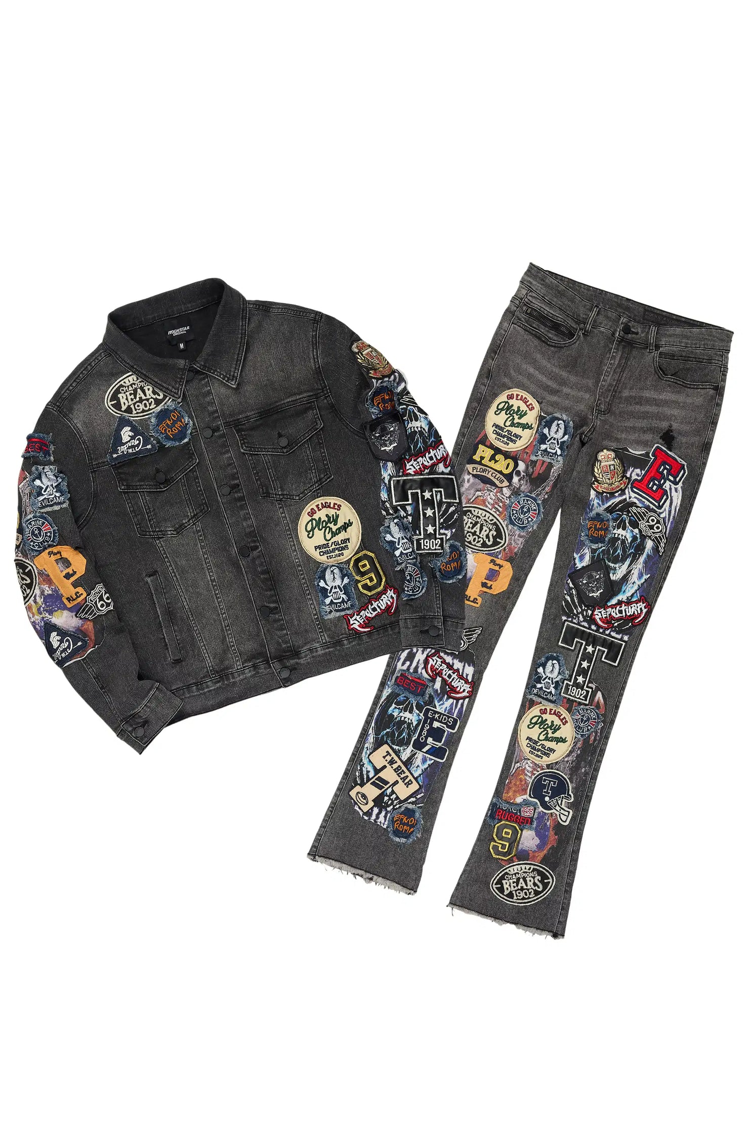 Espan Dark Grey Denim Jacket/Stacked Flare Jean Set