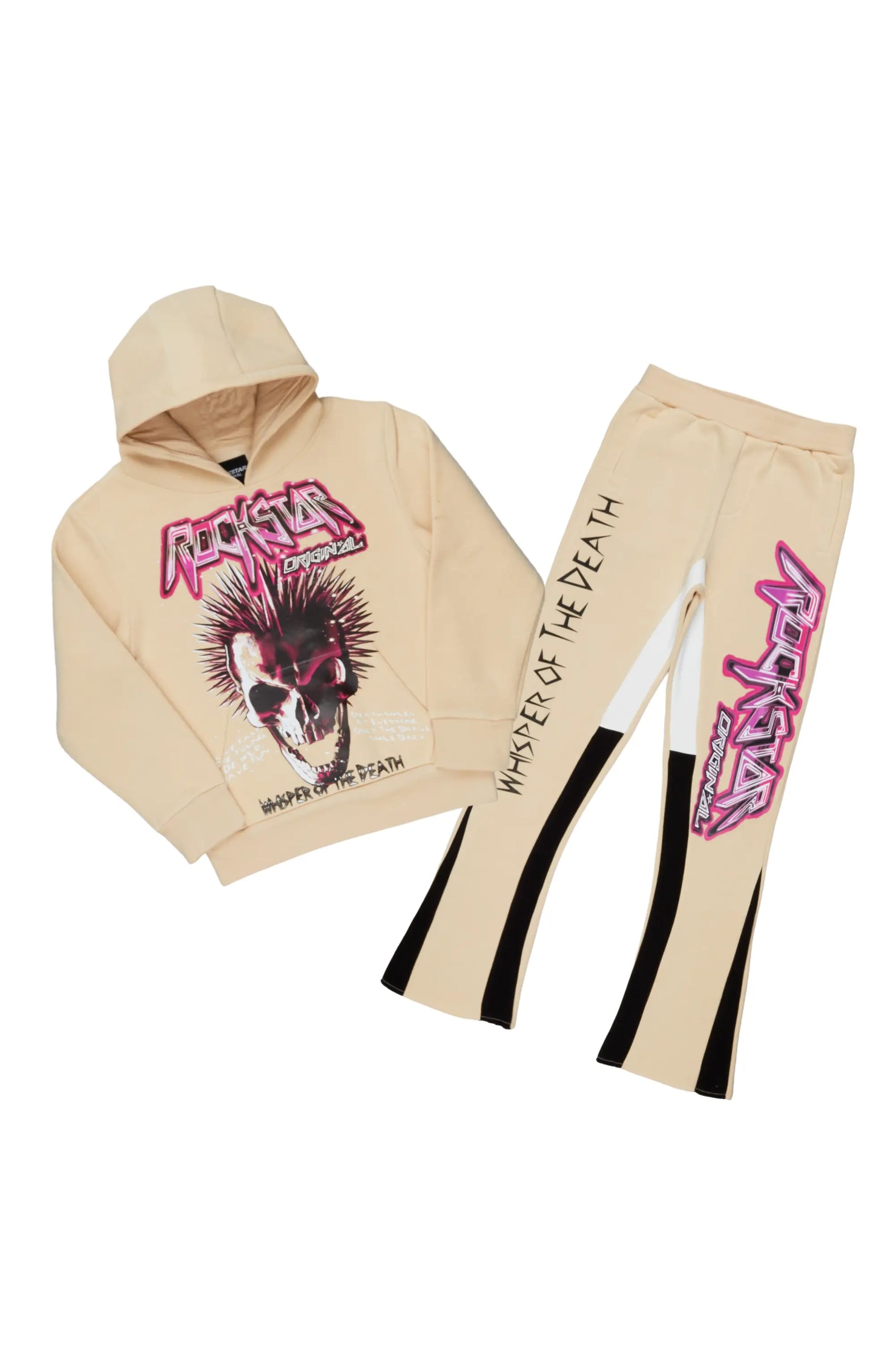 Girls Obee Beige/Black Hoodie Stacked Flare Track Set