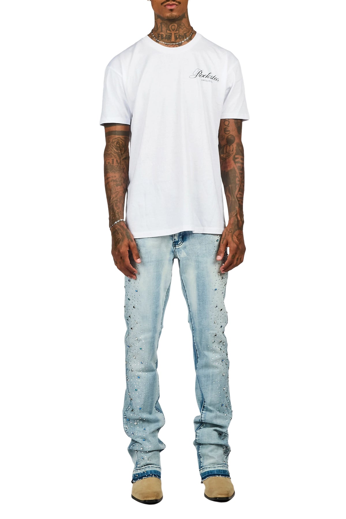 Monty Light Blue Rhinestone Studded Stacked Flare Jean