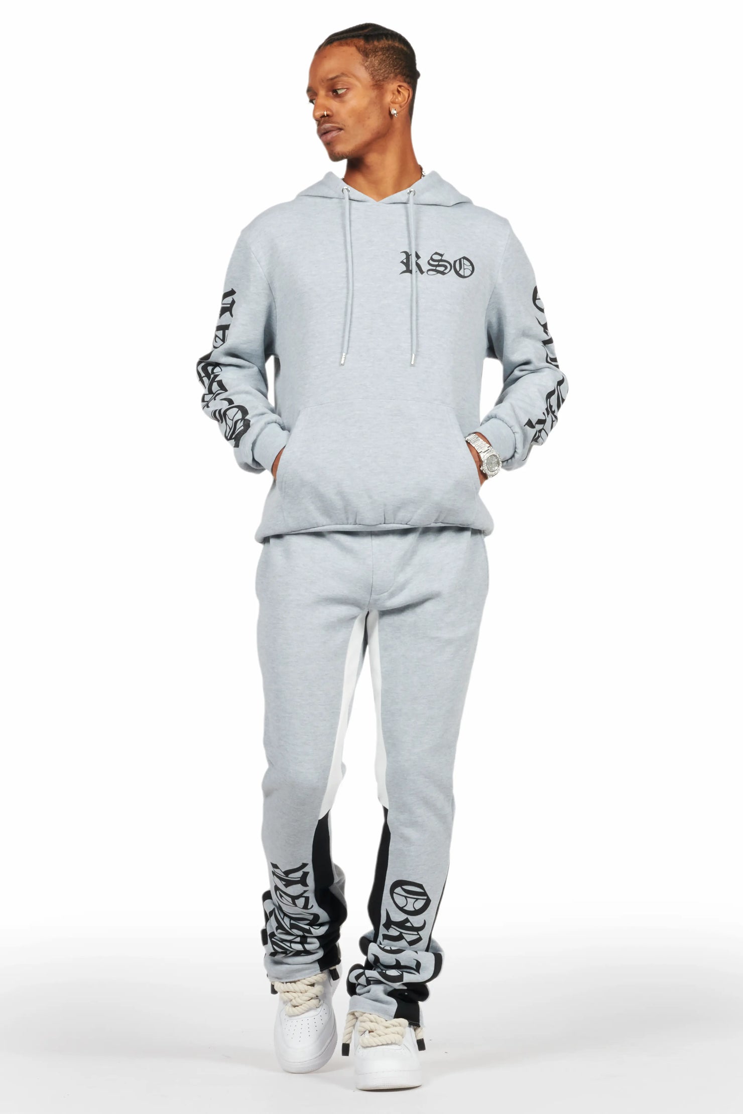 Alonzo Heather Grey Stacked Flare Hoodie Track Set