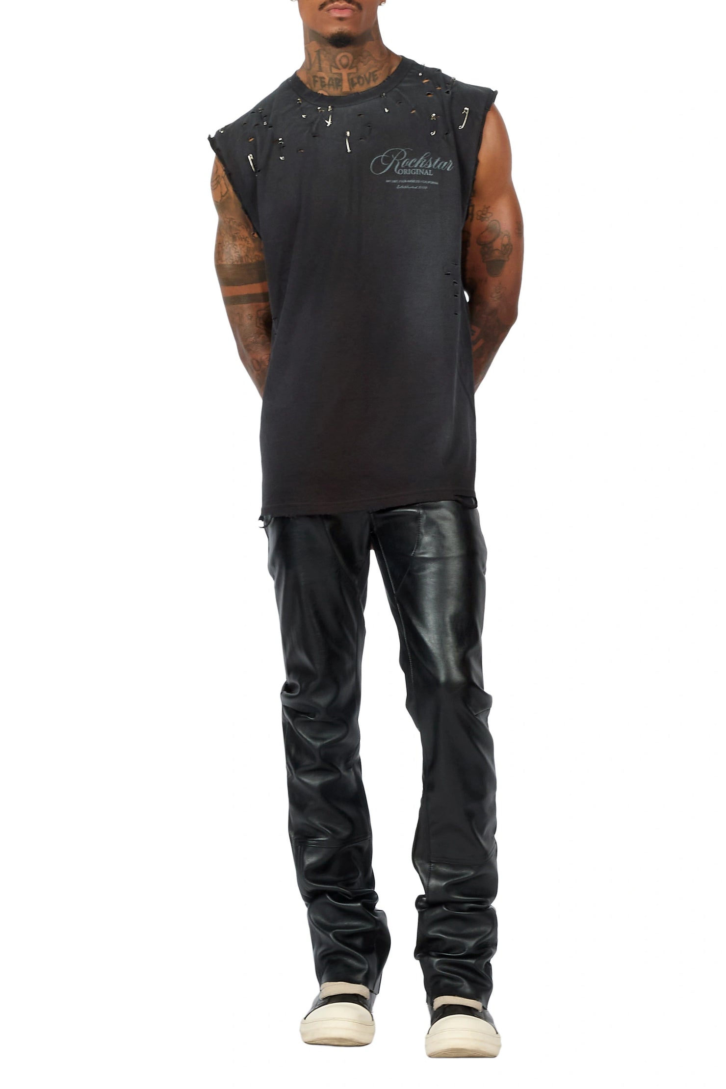Yozi Black Cut Sleeve T-Shirt & Quatz Leather Stacked Flare Jean