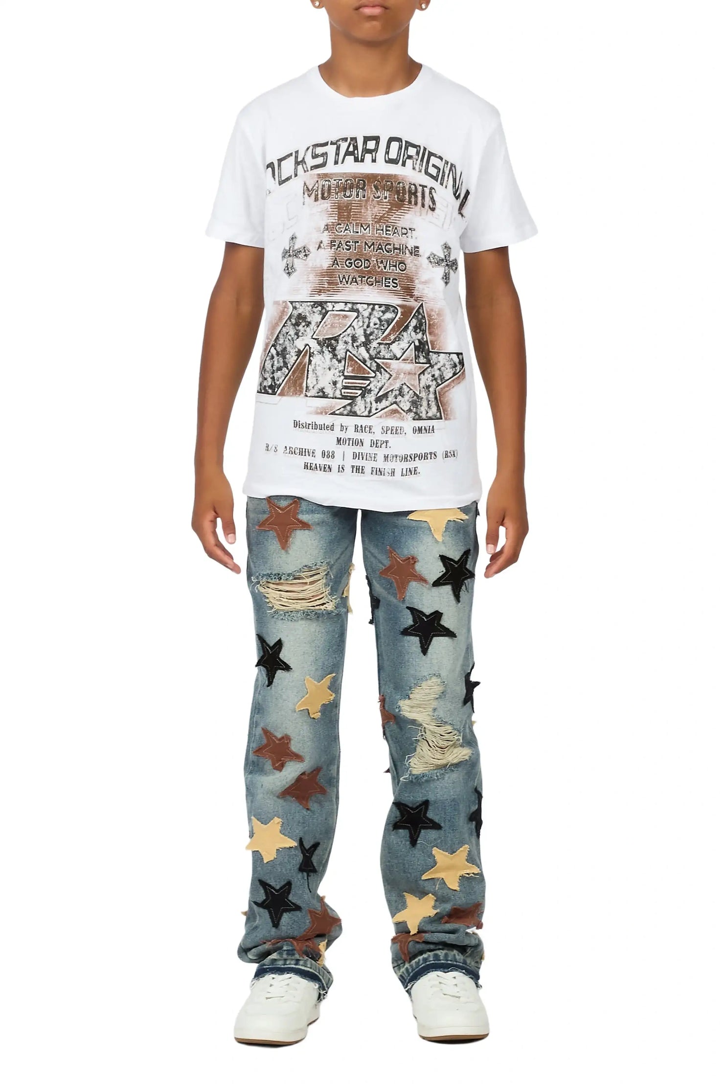 Boys Byson White/Brown T-Shirt Patchwork Jean Set