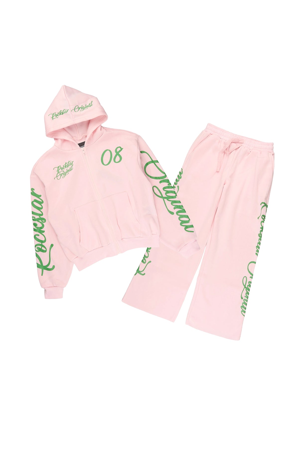 Girls Hanifa Light Pink/Green Zip Up Hoodie Relaxed Pant Track Set