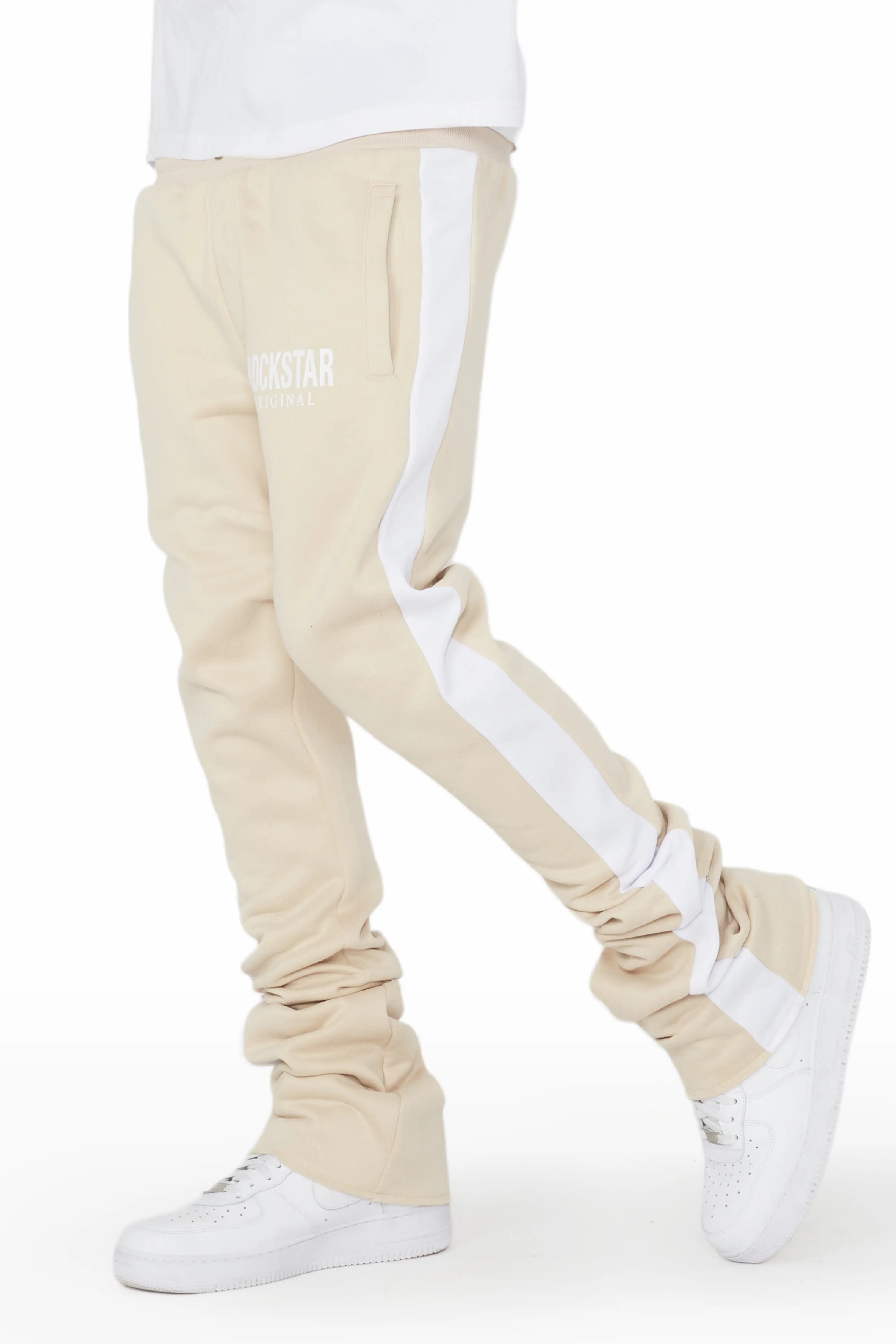 Leonel Beige Stacked Flare Track Pant