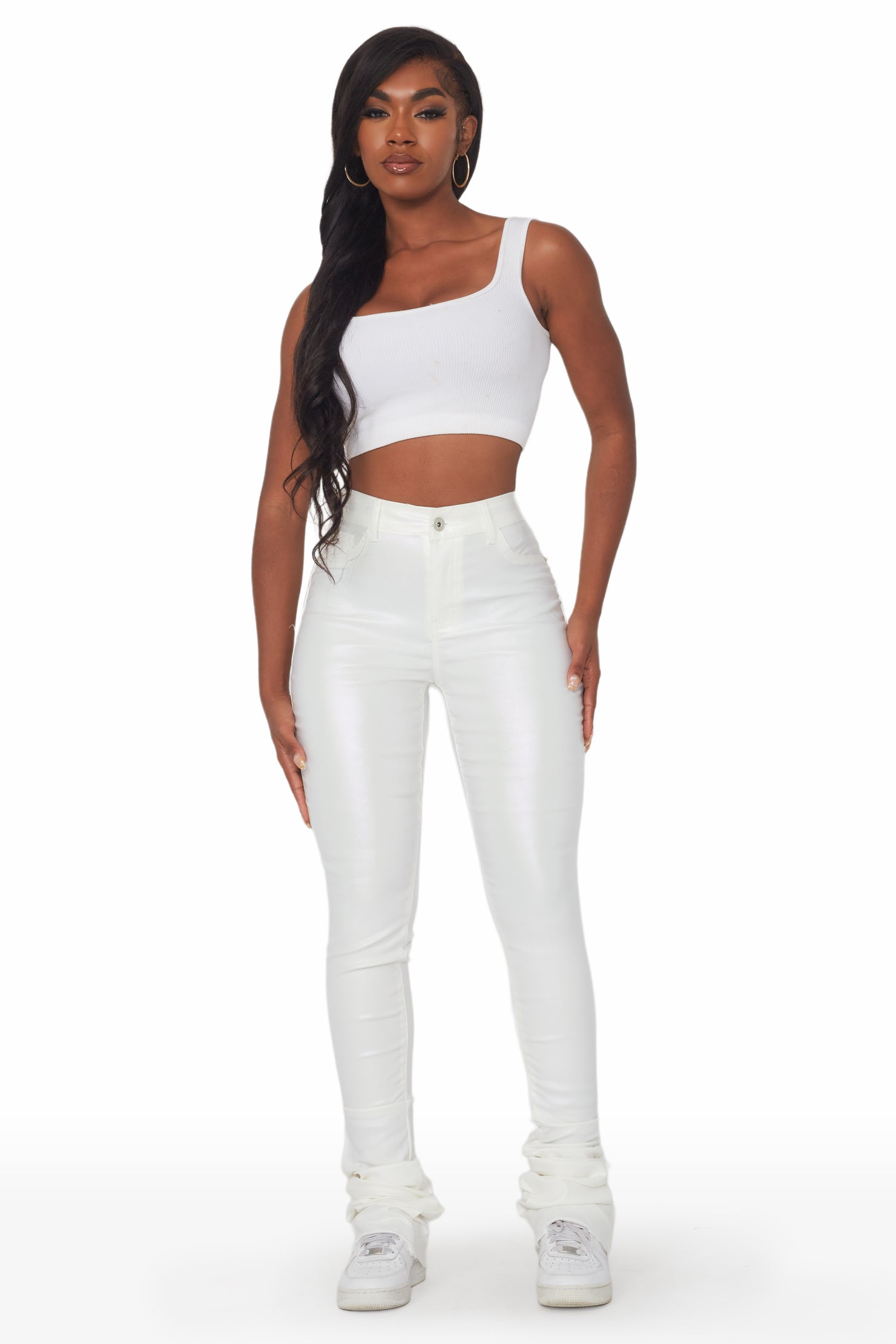 Zaniyah Metallic White PU Super Stacked Pant