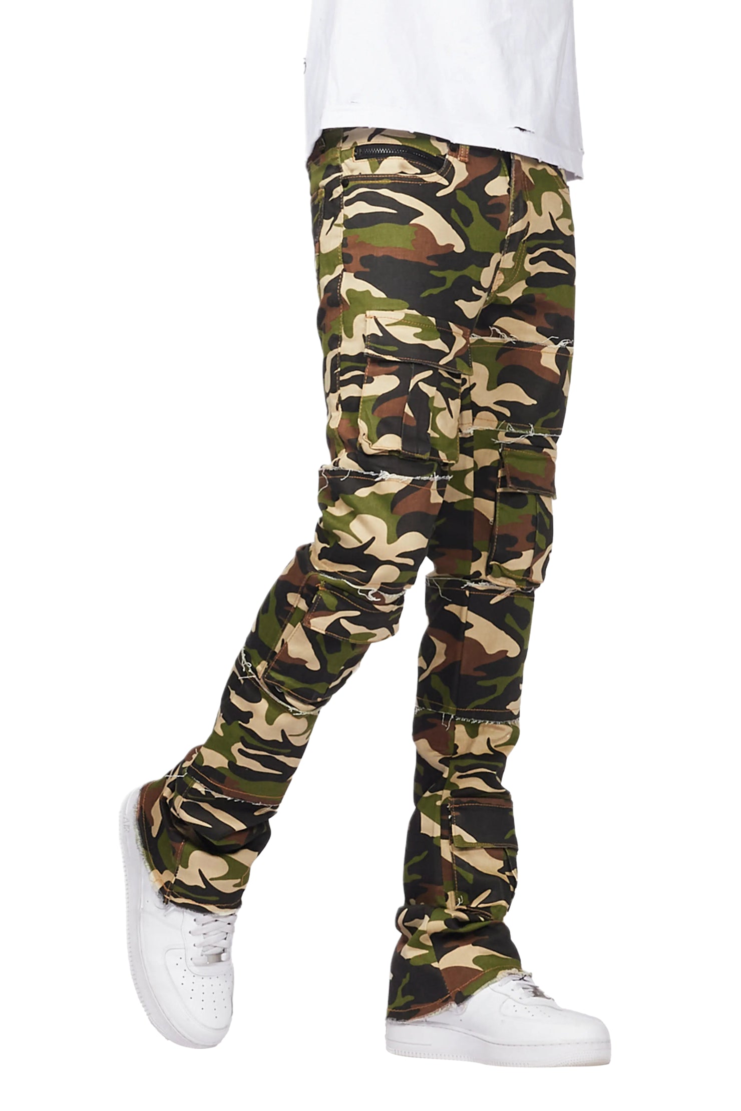 Duggar Green Camo Cargo Stacked Flare Jean