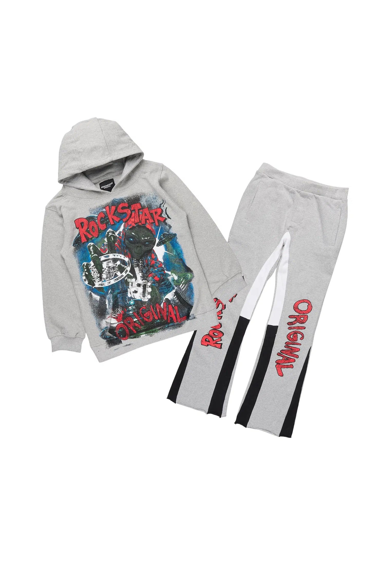 Boys Caevon Heather Grey/Multi Hoodie/Stacked Flare Track Set