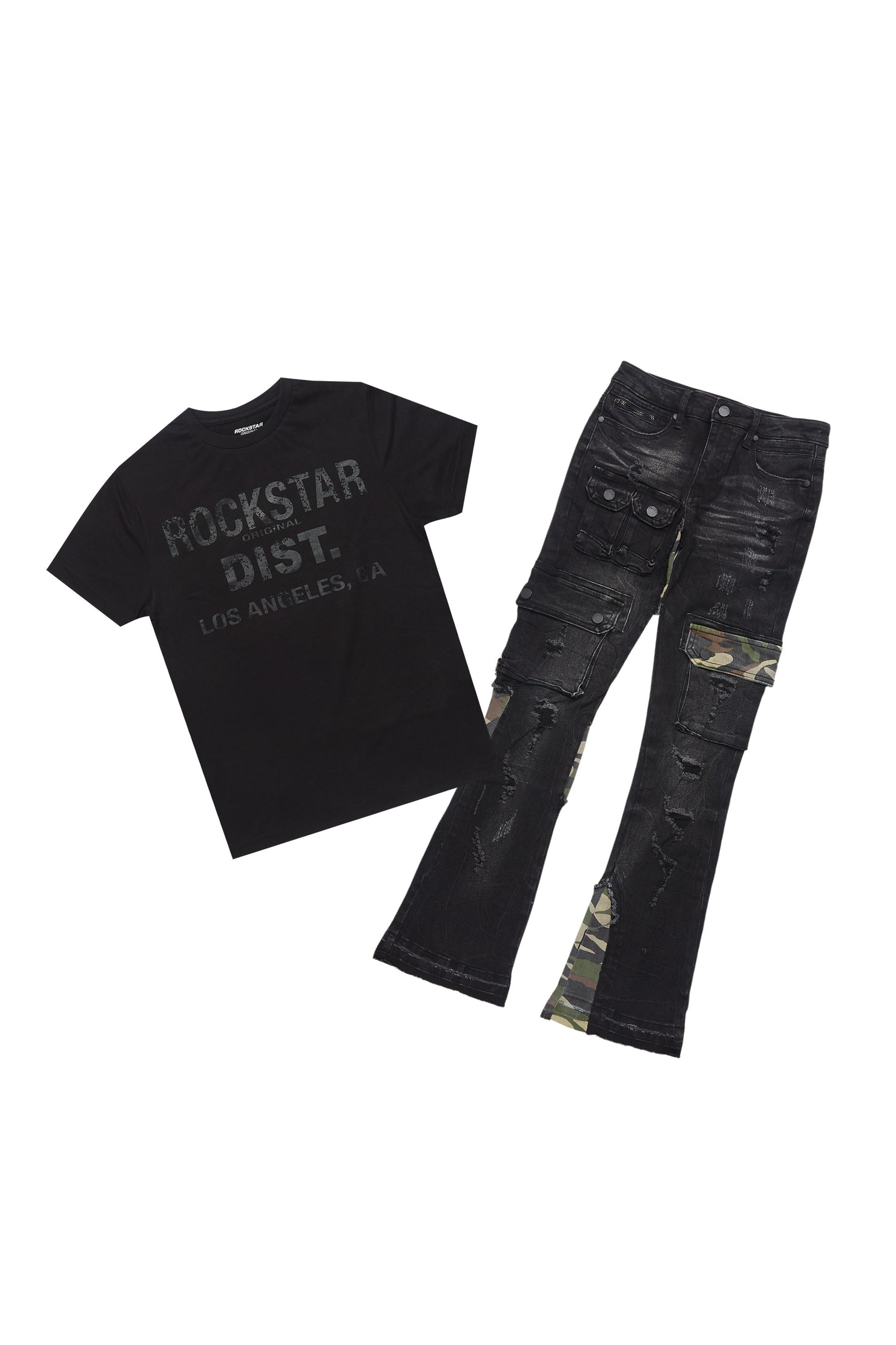 Boys Koen Black/Green T-Shirt/Stacked Flare Jean Set