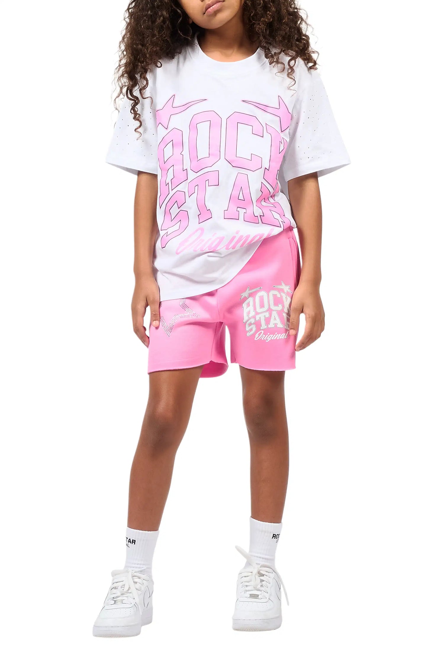 Girls Flaveya White/Pink Rhinestone T-Shirt Short Set