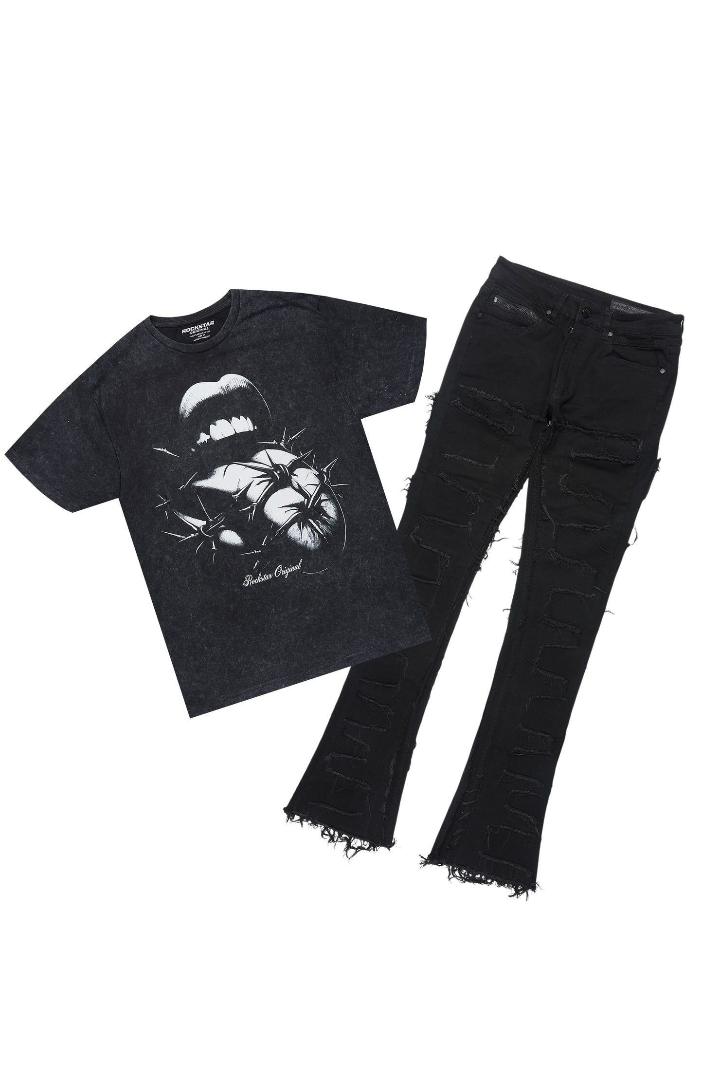 Schmear Vintage Black T-Shirt/Stacked Flare Jean Bundle