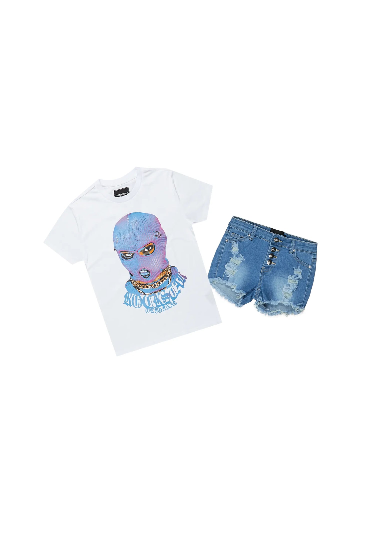 Girls Serilda White/Blue T-Shirt/Denim Short Set