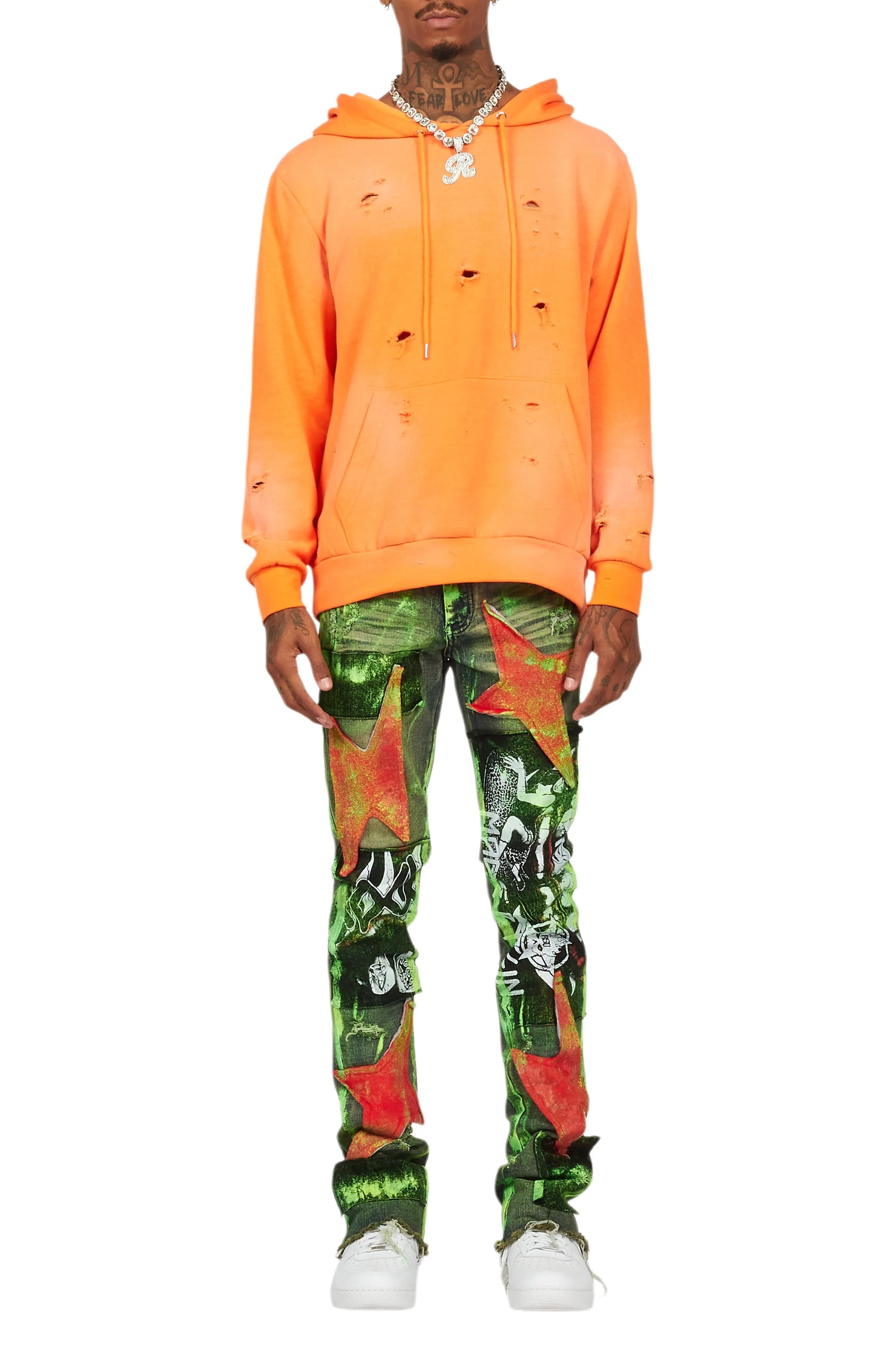 Valko Blue/Green Roller Paint Stacked Flare Jean