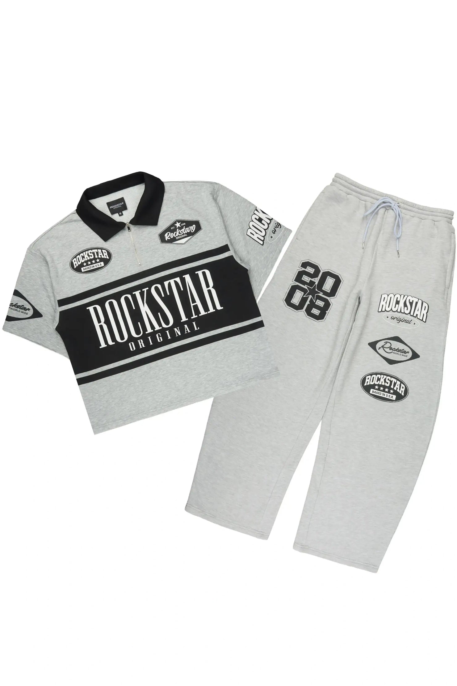Verseny Heather Grey 1/4 Zip Crop Boxy Tee Fleece /Barrel Fit Set Track Set