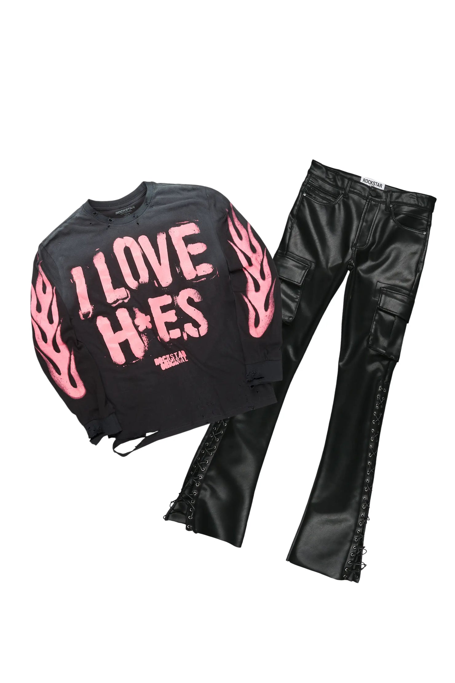 Banyan Black Long Sleeve T-Shirt & Honor Stacked Flare PU Jean Bundle