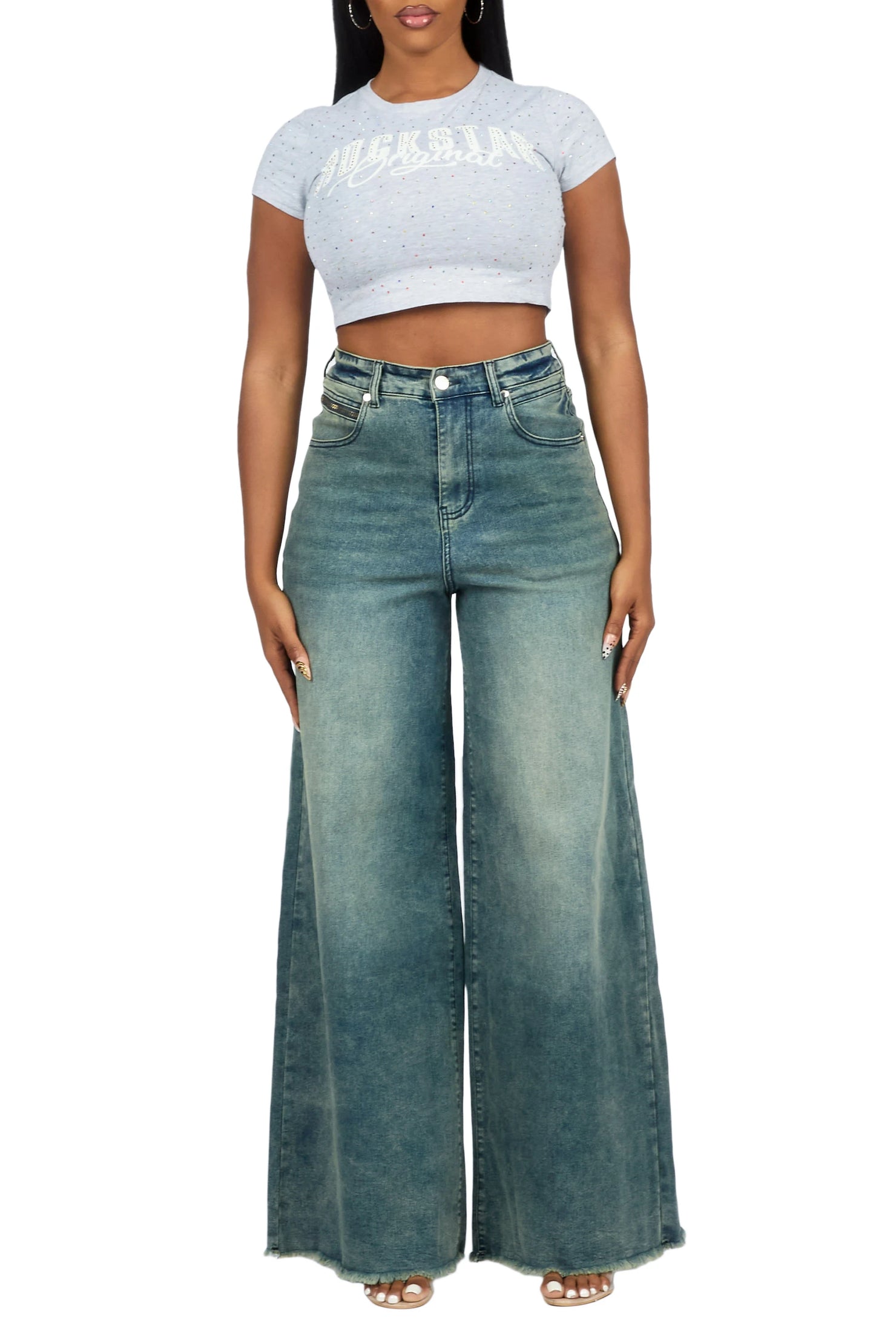 Cegaria Tint Wash High Rise Elastic Back Stretch Baggy Jean