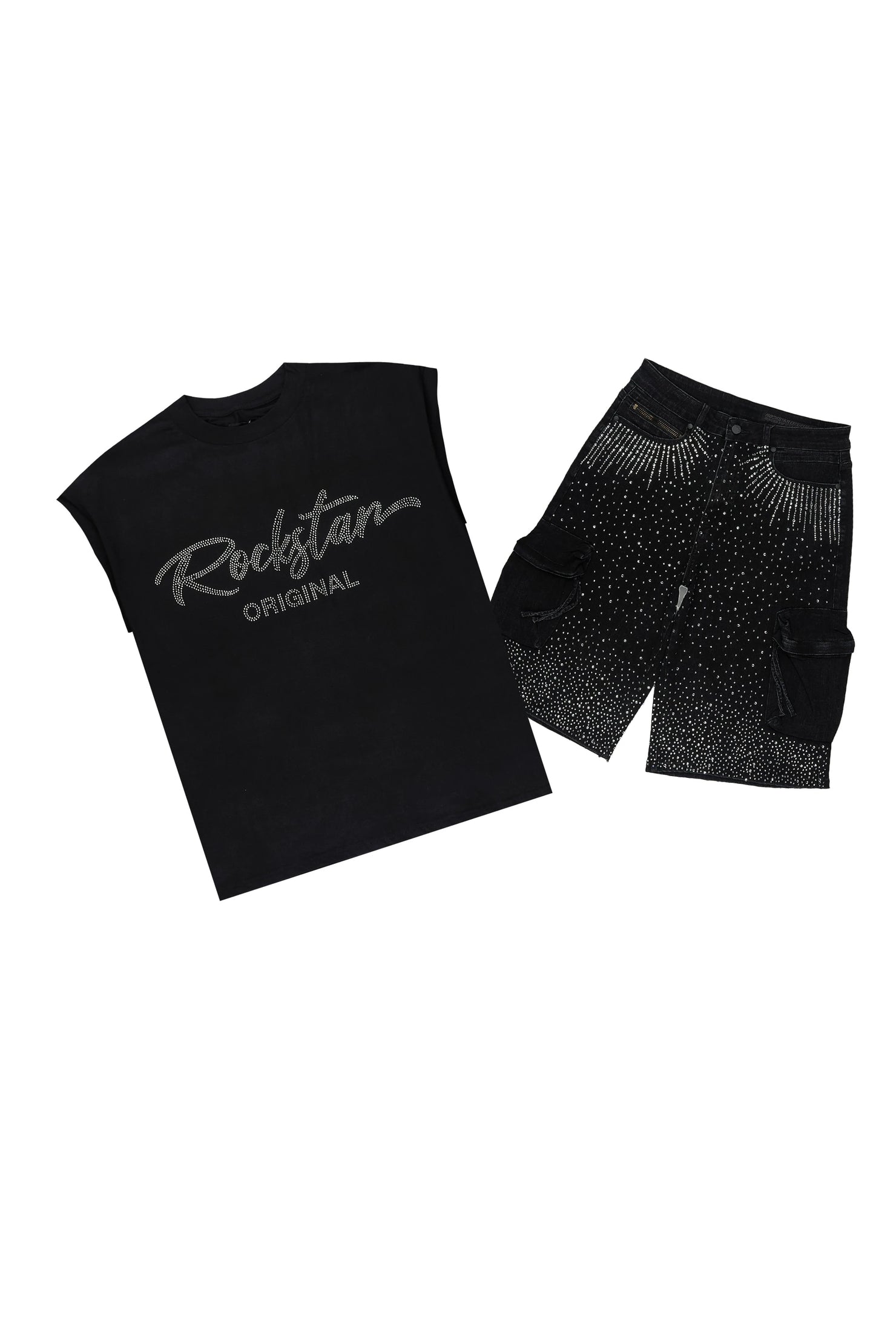 Keoni Black Rhinestone Cut Sleeve T-Shirt Denim Short Set
