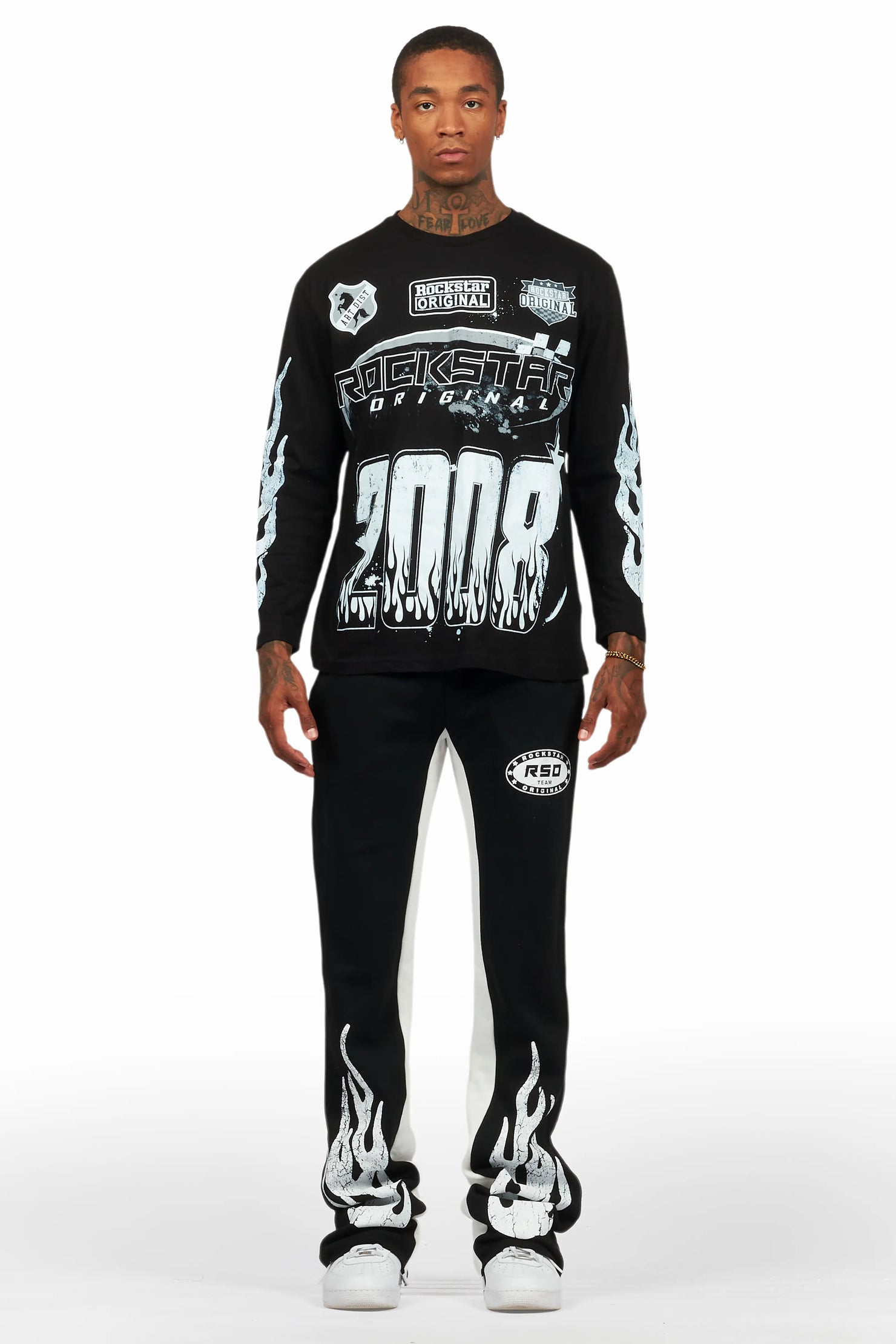 Amos Black/White Long Sleeve T-Shirt/Stacked Baggy Pant Set