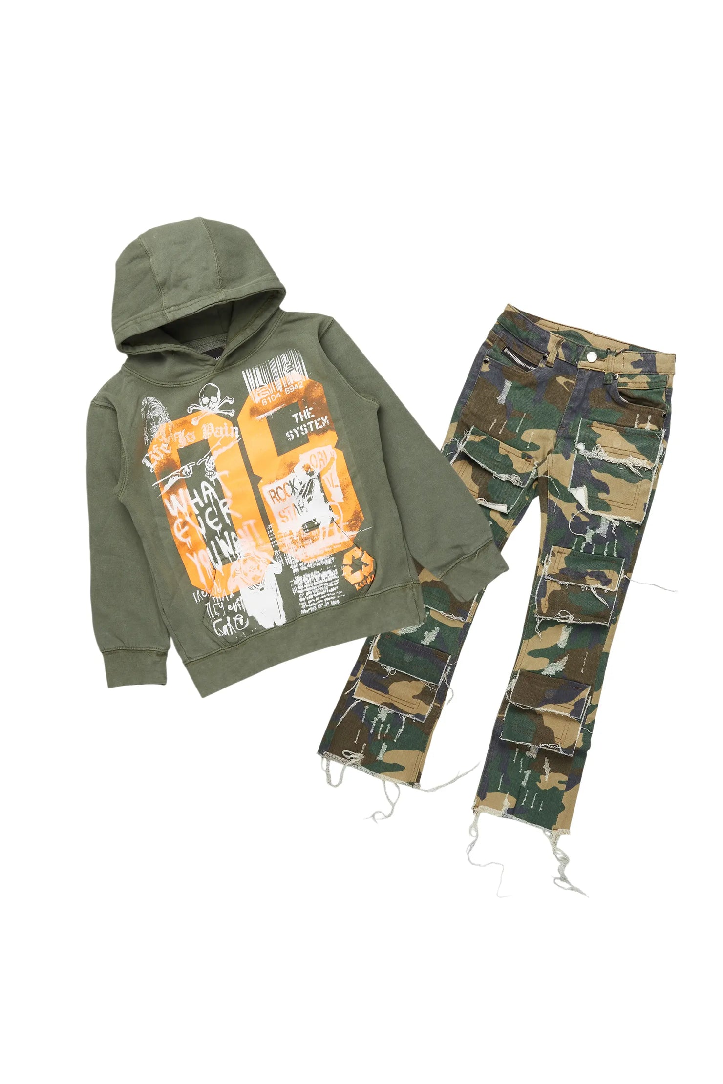 Boys Beau Camo/Vintage Green Hoodie/Stacked Flare Jean Set