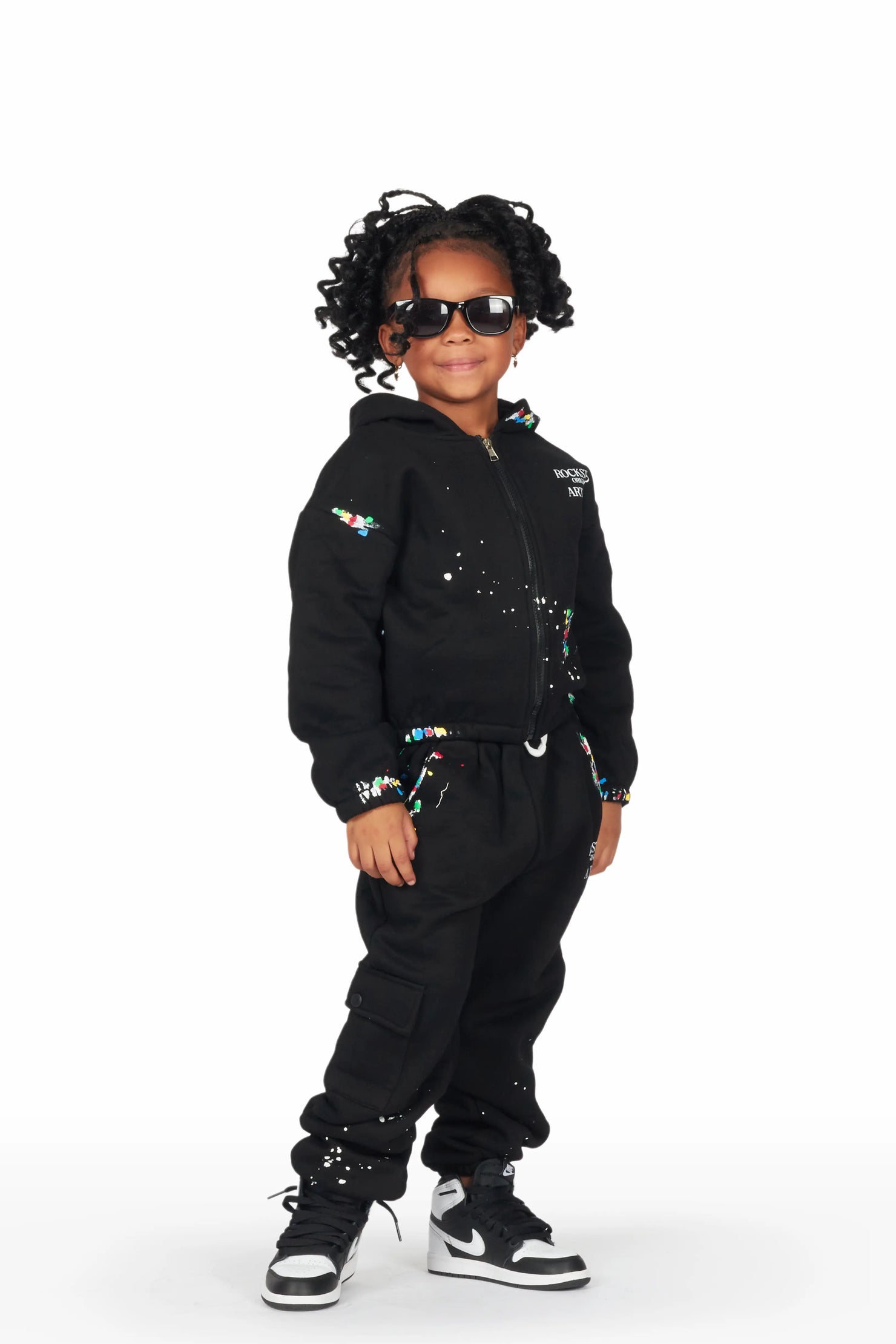 Girls Nevaeh Black Zip Up Hoodie Pant Set