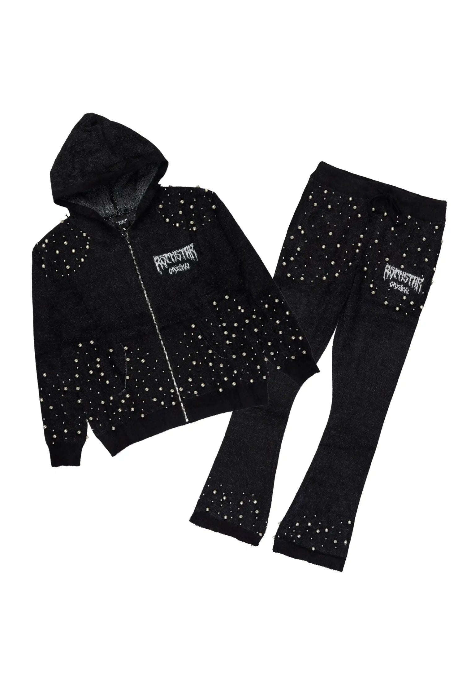 Twinkle Black/Black Rhinestone Hoodie Stacked Flare Track Set