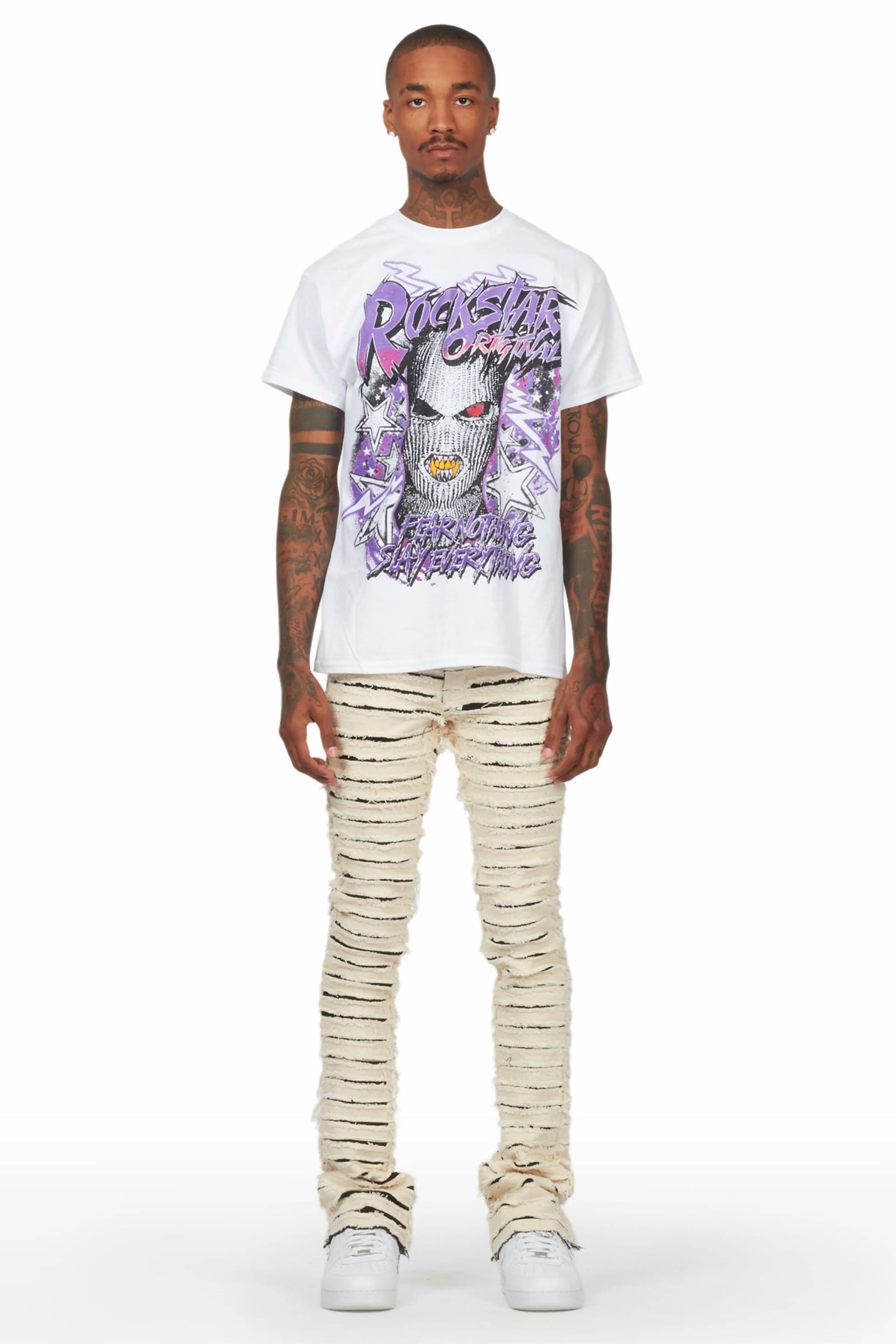 Kantin White T-Shirt & Korren Beige Stacked Flare Jean Bundle