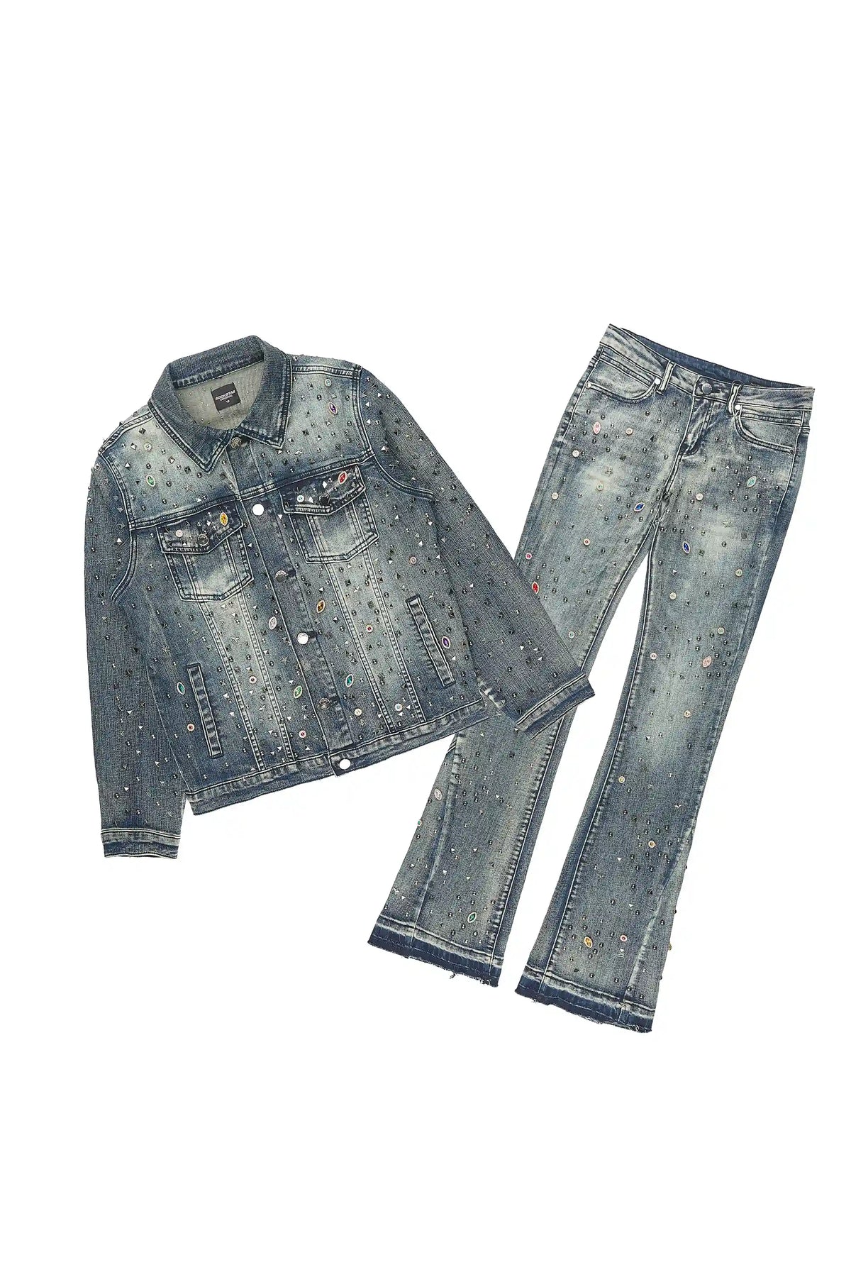 Boys Hendrix Blue Rhinestone Denim Jacket/Stacked Flare Jean Set
