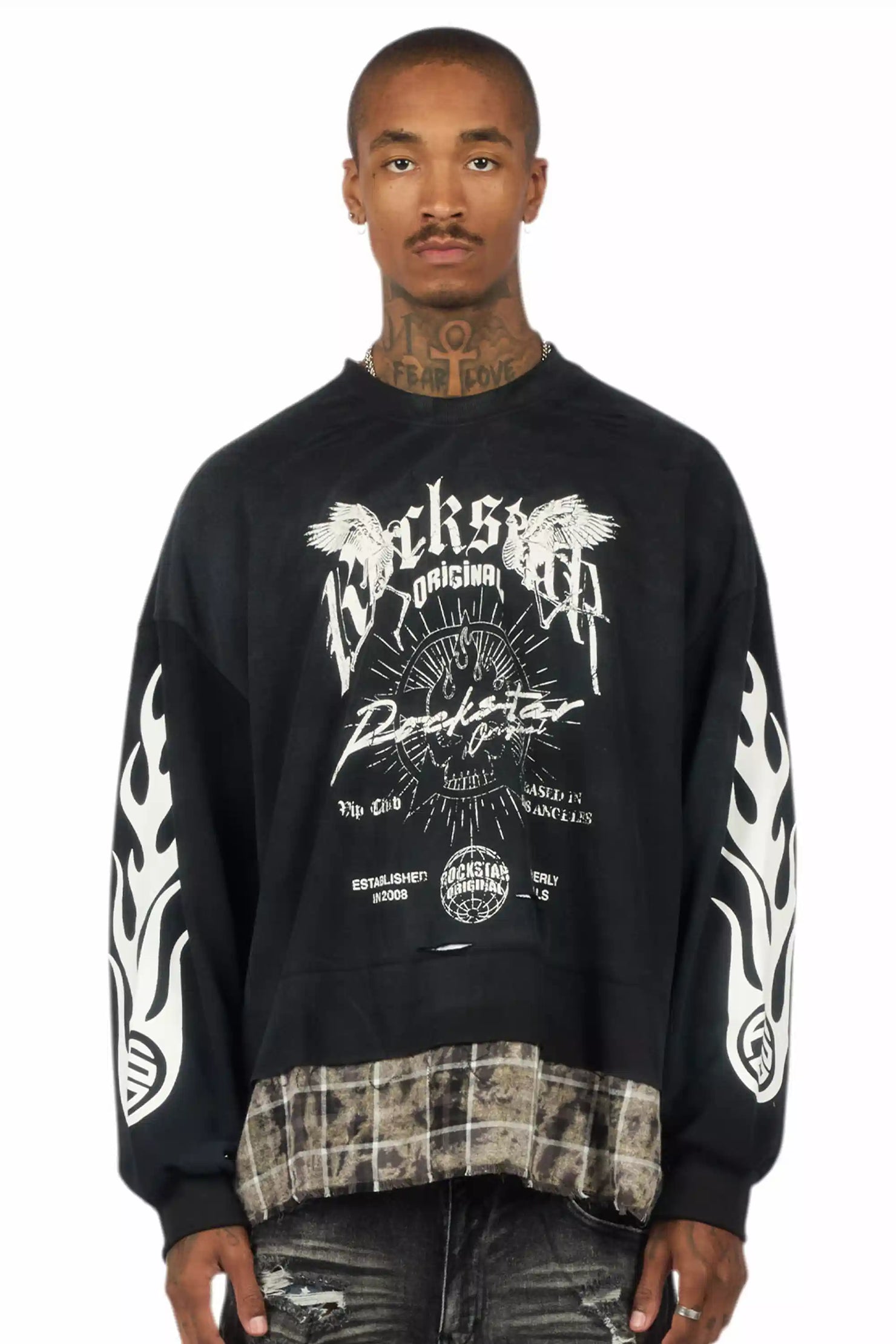 Hundo Black Graphic Flannel Crewneck