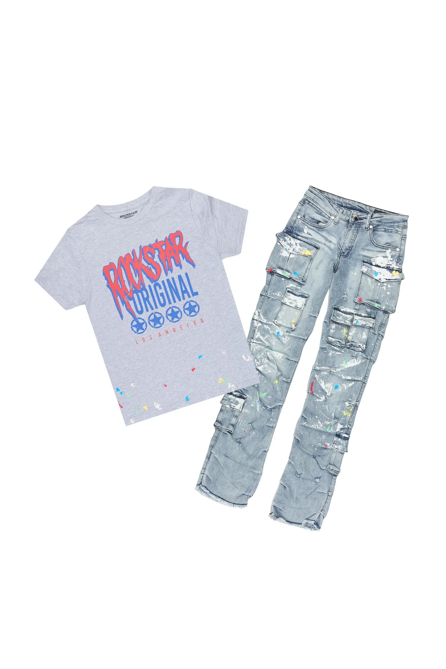 Boys Wizzma Grey/Blue T-Shirt Stacked Jean Set