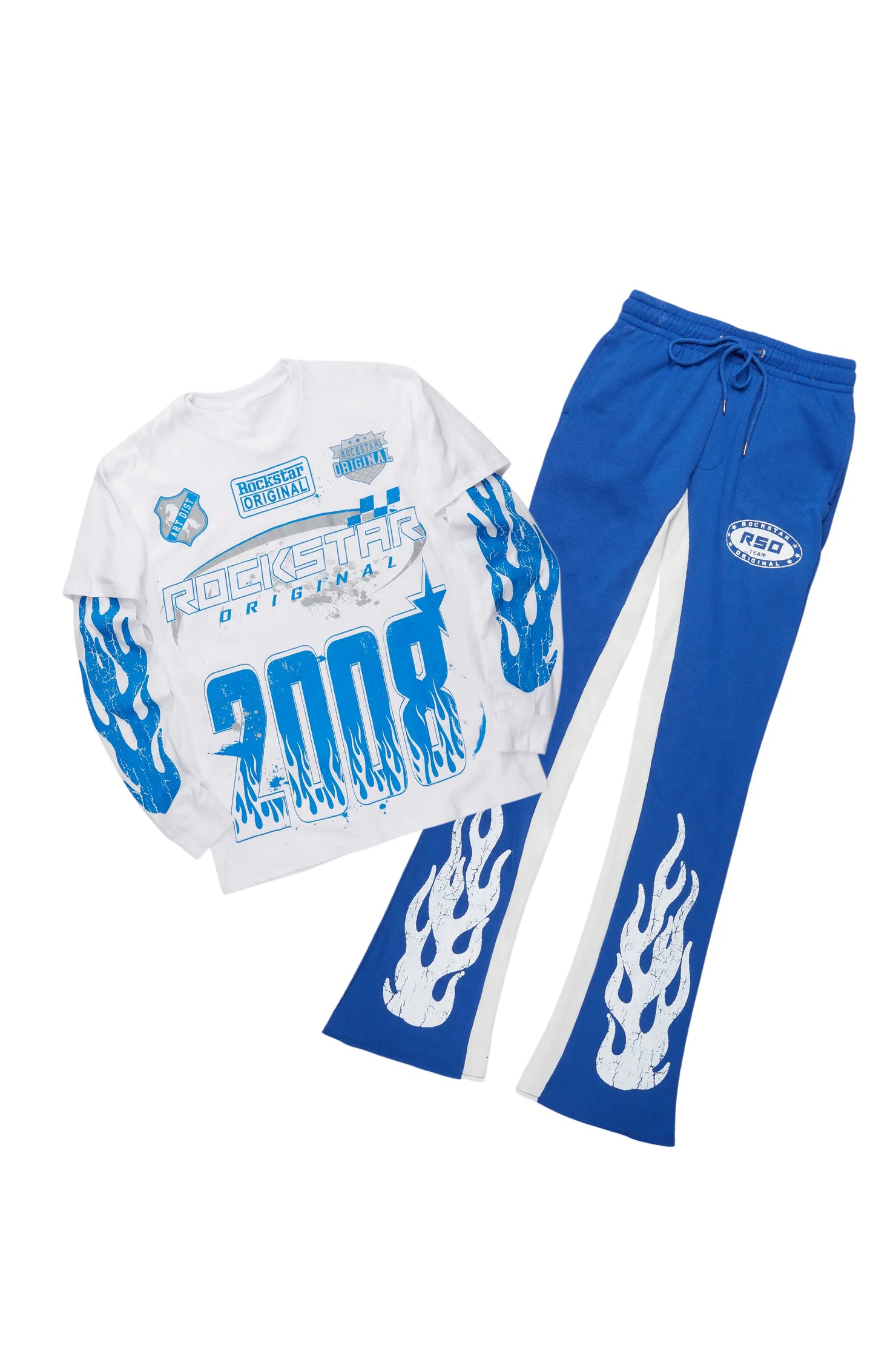 Amos White/Royal Double Layer T-Shirt/Stacked Baggy Pant Set