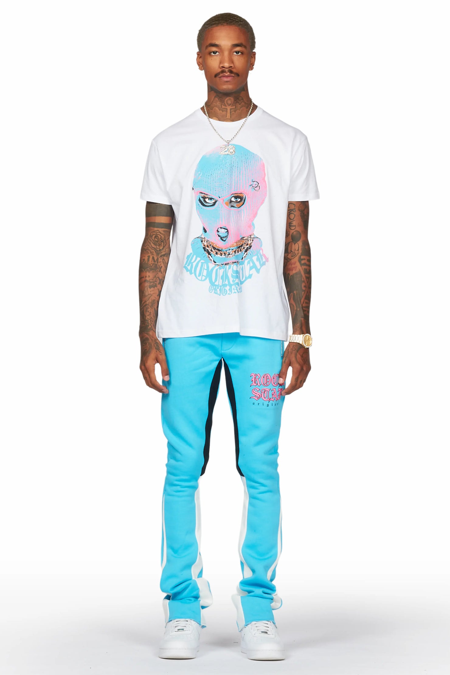 Murdra White/Blue T-Shirt/Stacked Flare Pant Set