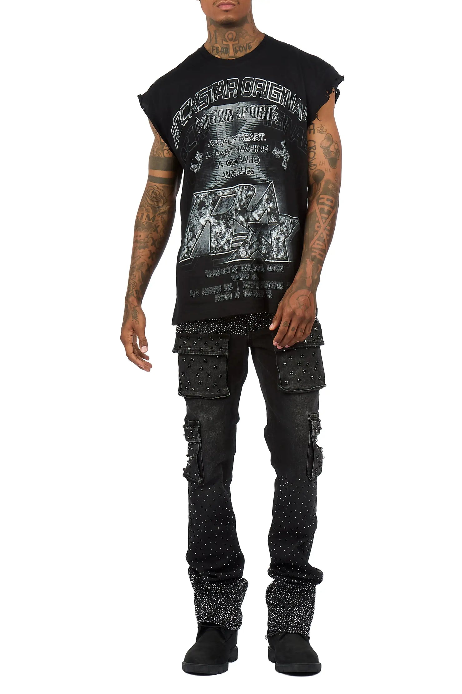 Arman Black Rhinestone Stacked Fit Jean