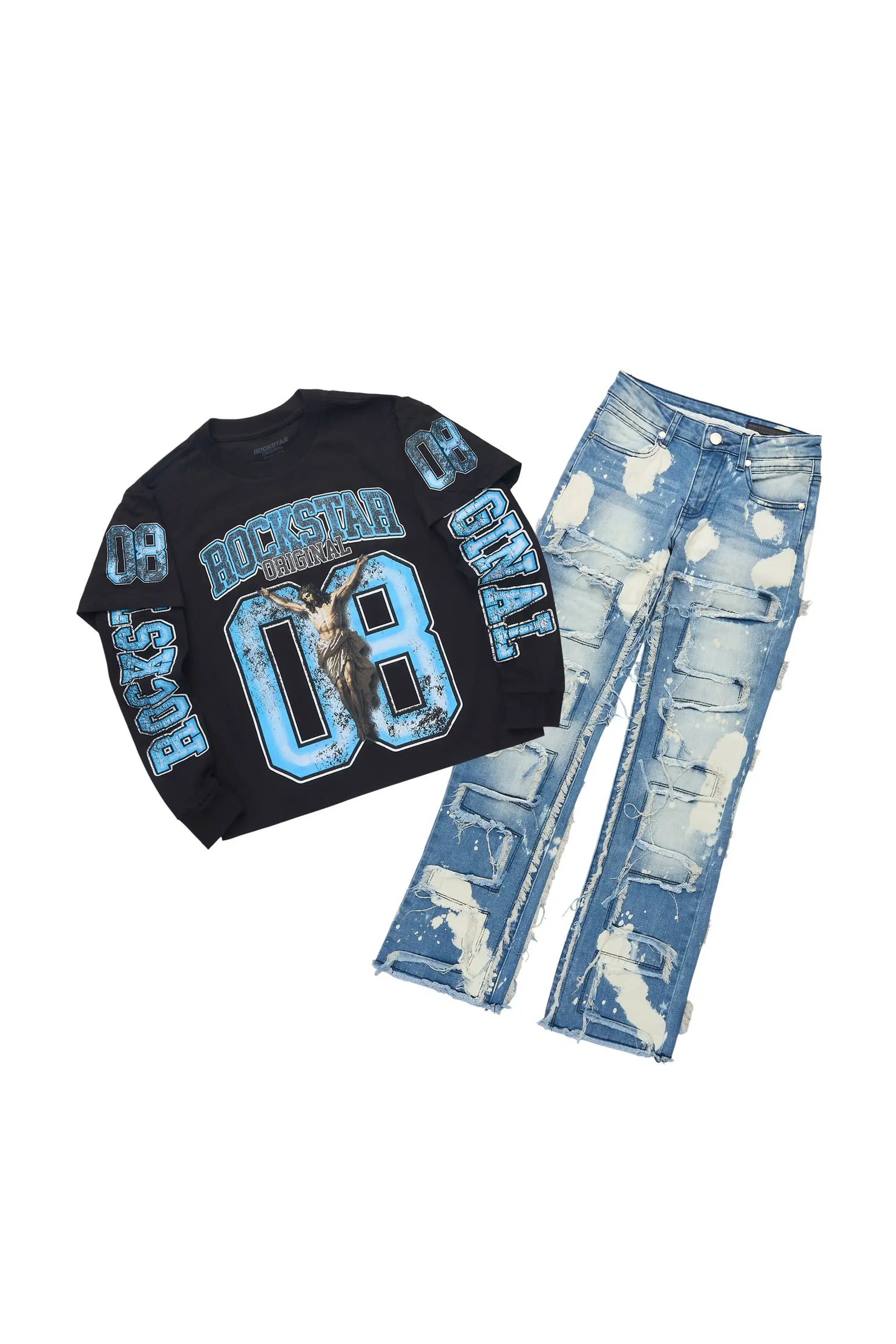 Boys Fields Black Double Layer Long Sleeve & Laban Blue Bleach Stacked Jean Set