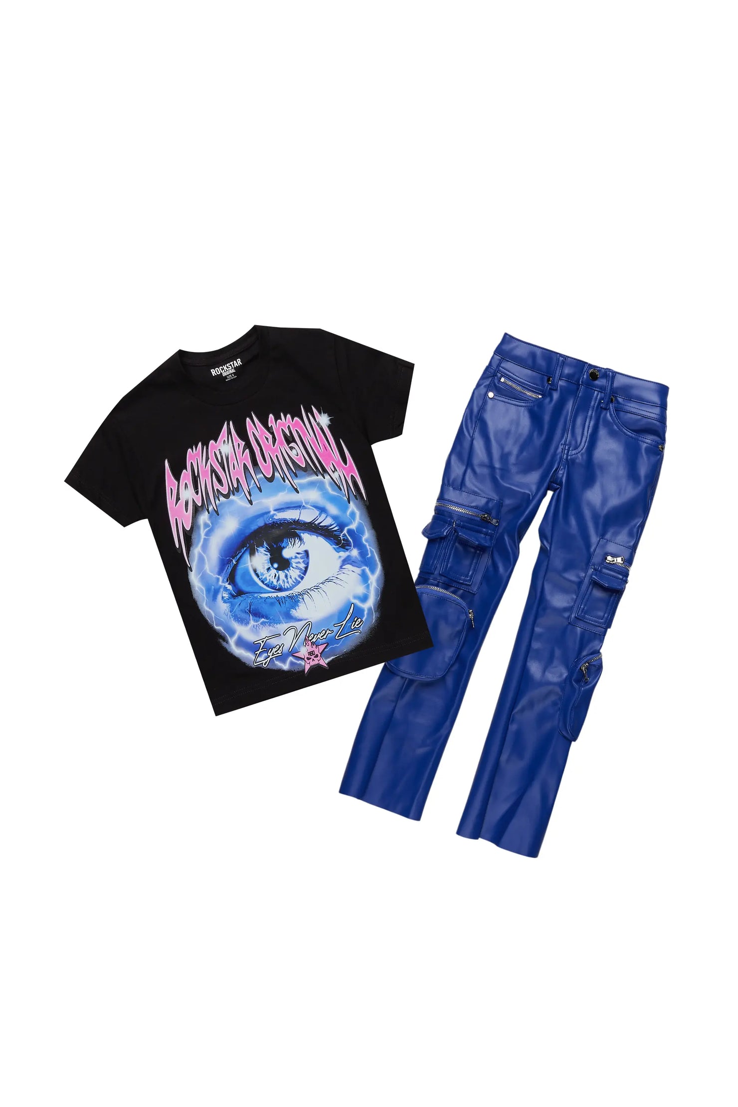 Girls Pello Black T-Shirt/Stacked PU Flare Set