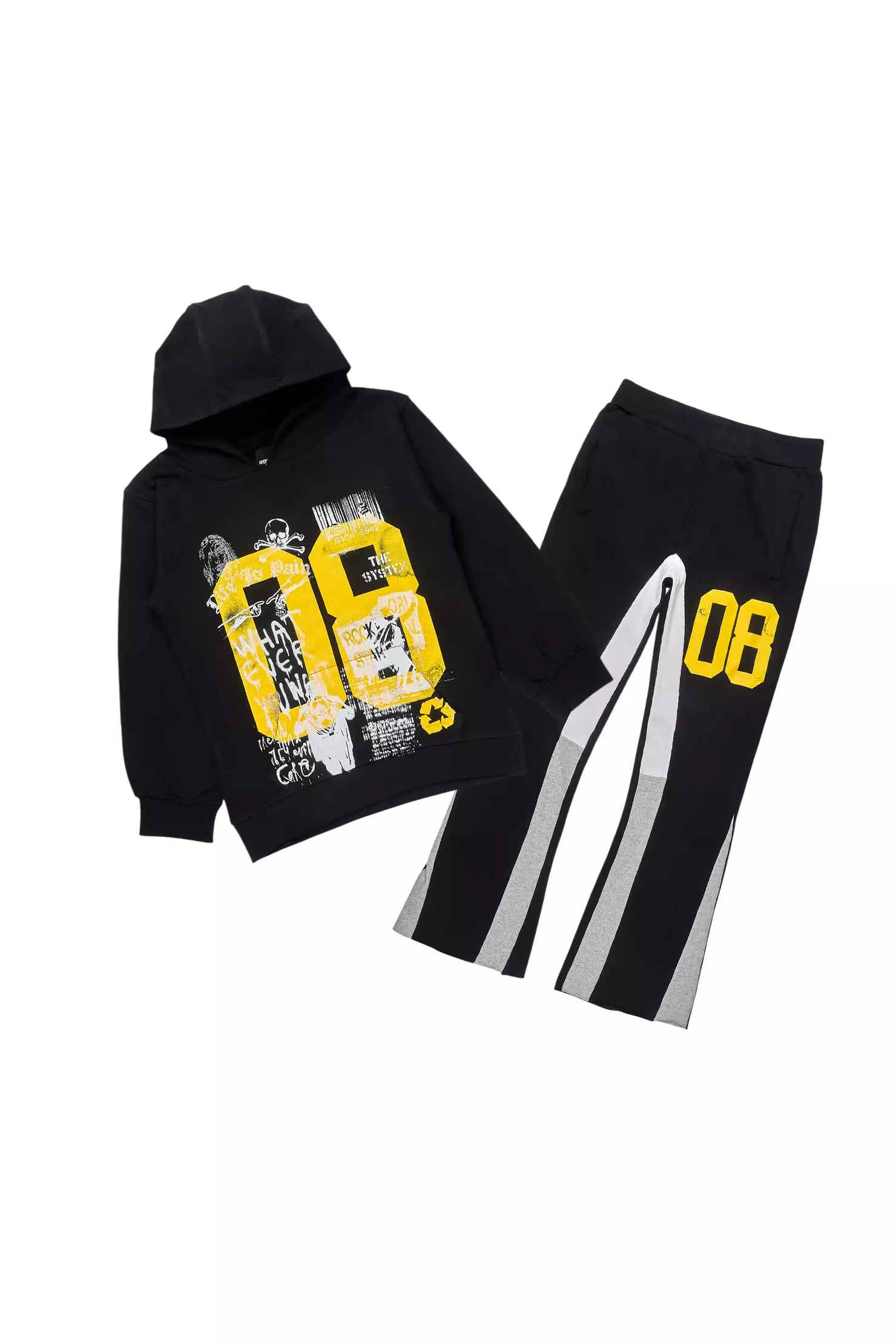 Boys Beau Black/Yellow Hoodie Stacked Flare Track Set