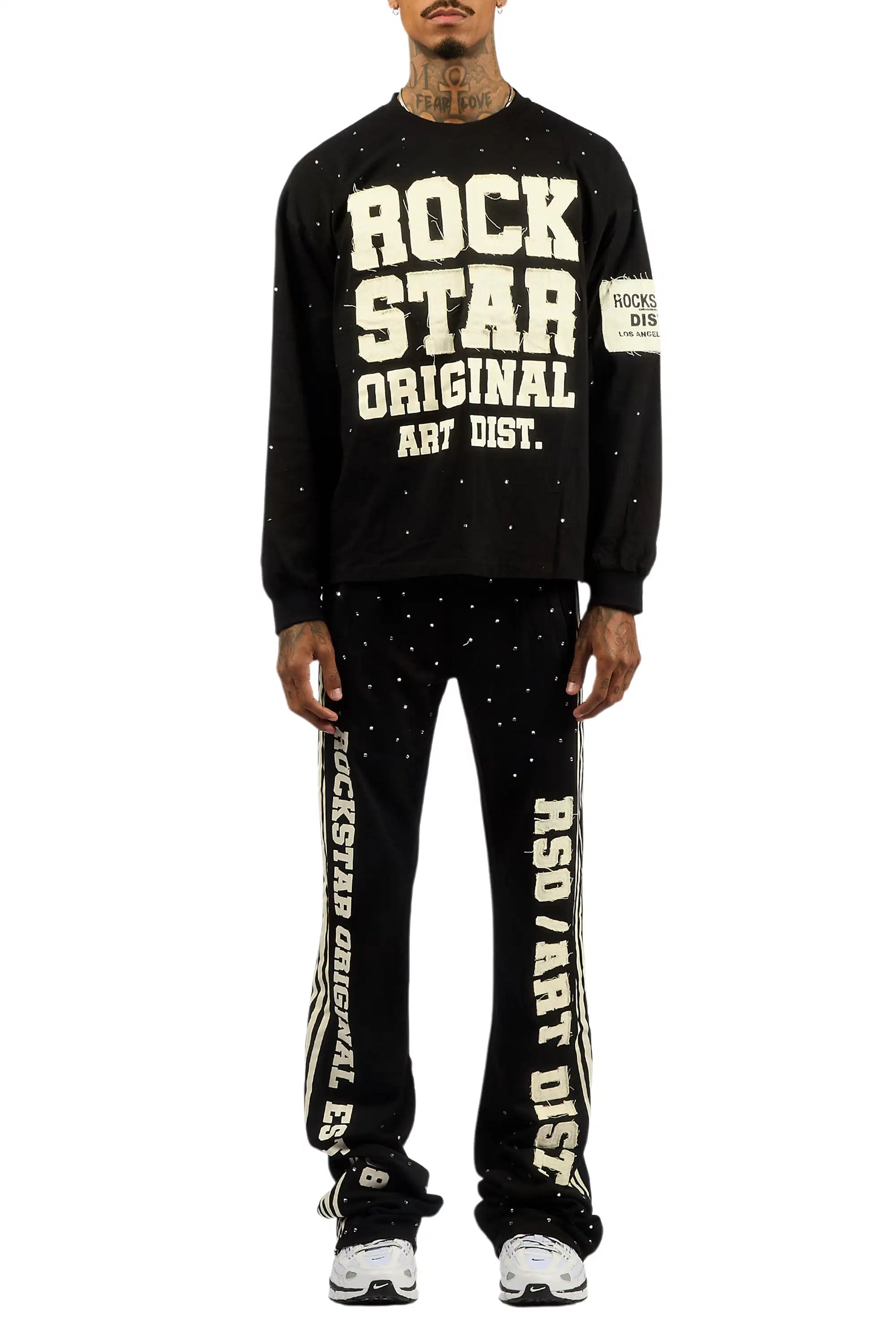 Yulian Black Rhinestone Long Sleeve T-Shirt/Baggy Stacked Track Set