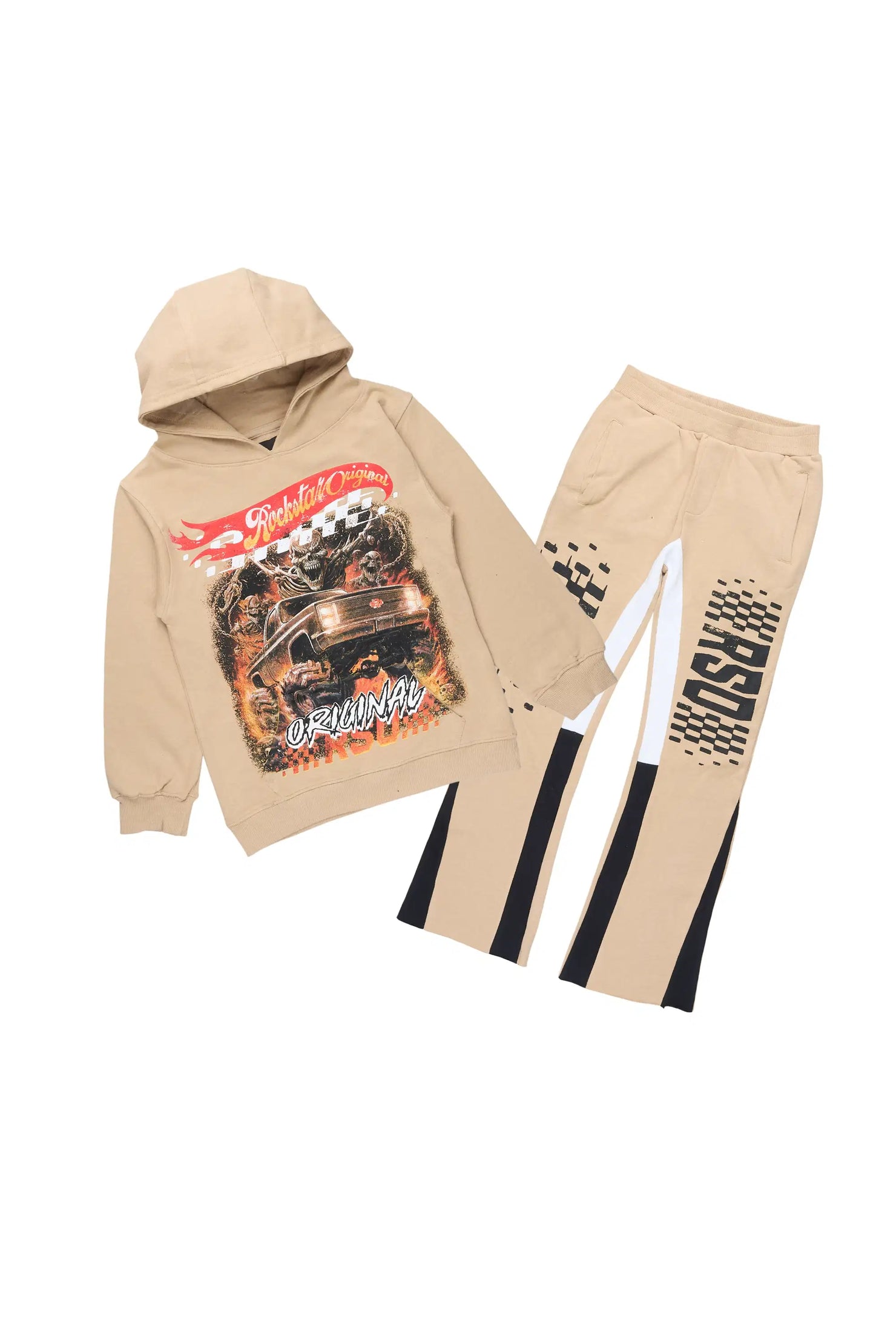 Boys Dreamer Beige/Black Hoodie/Stacked Flare Track Set