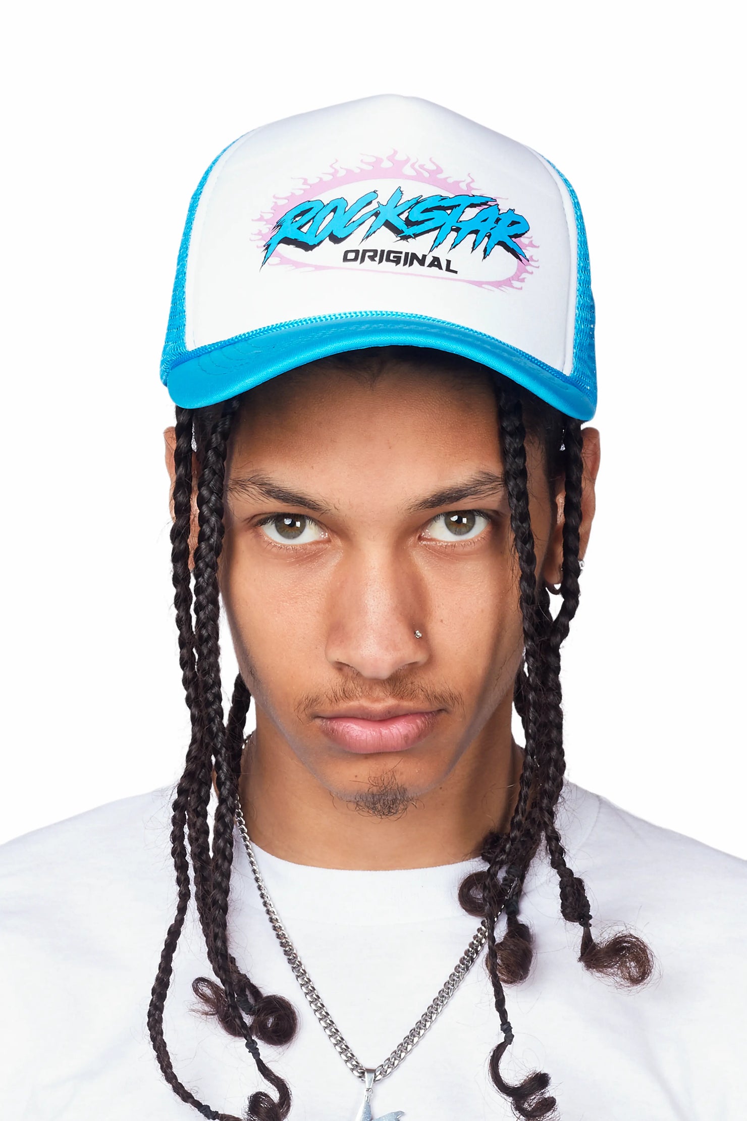 Quito White/Aqua Graphic Trucker Hat