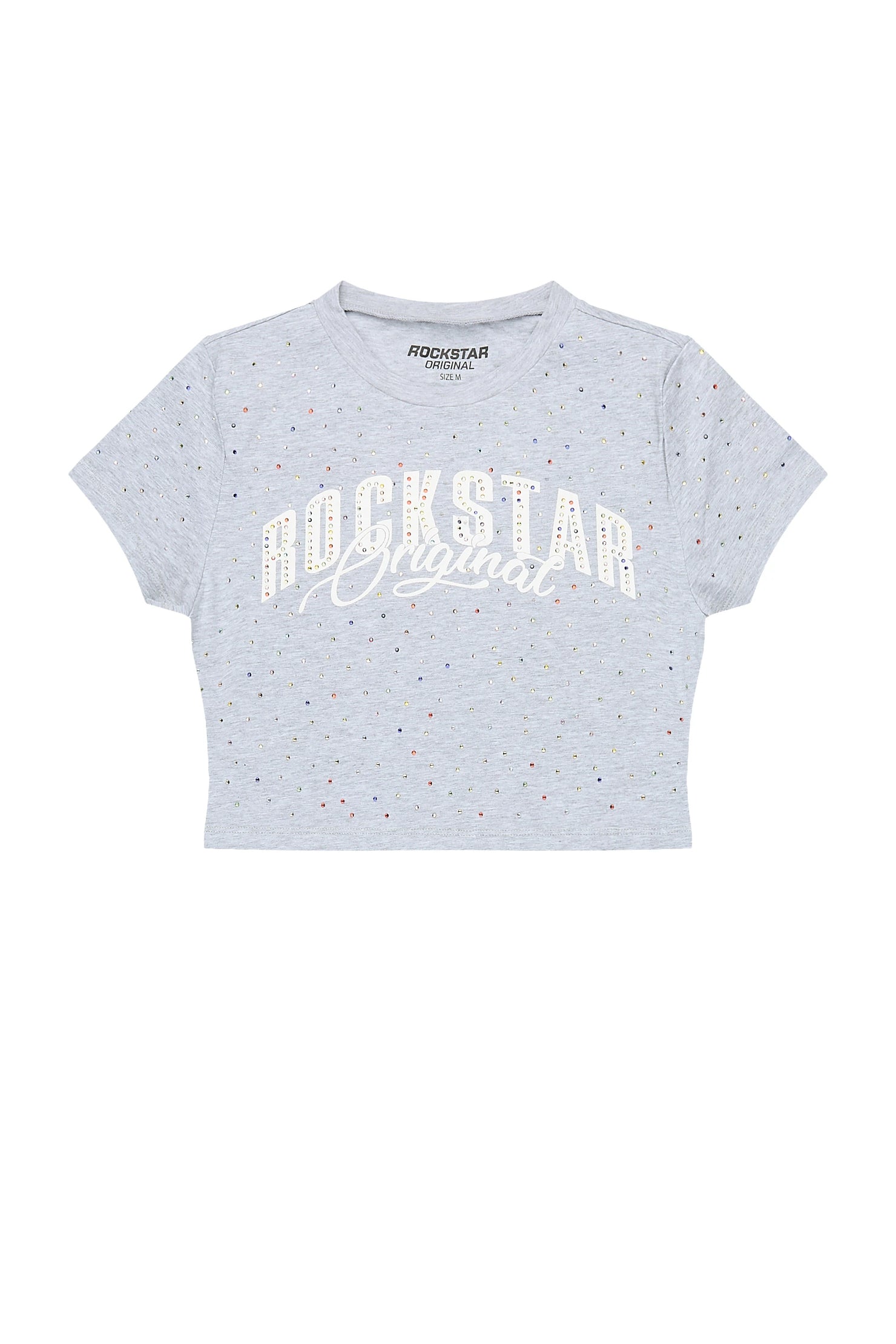 Franchesca Heather Grey Rhinestone Crop Baby Tee Shirt