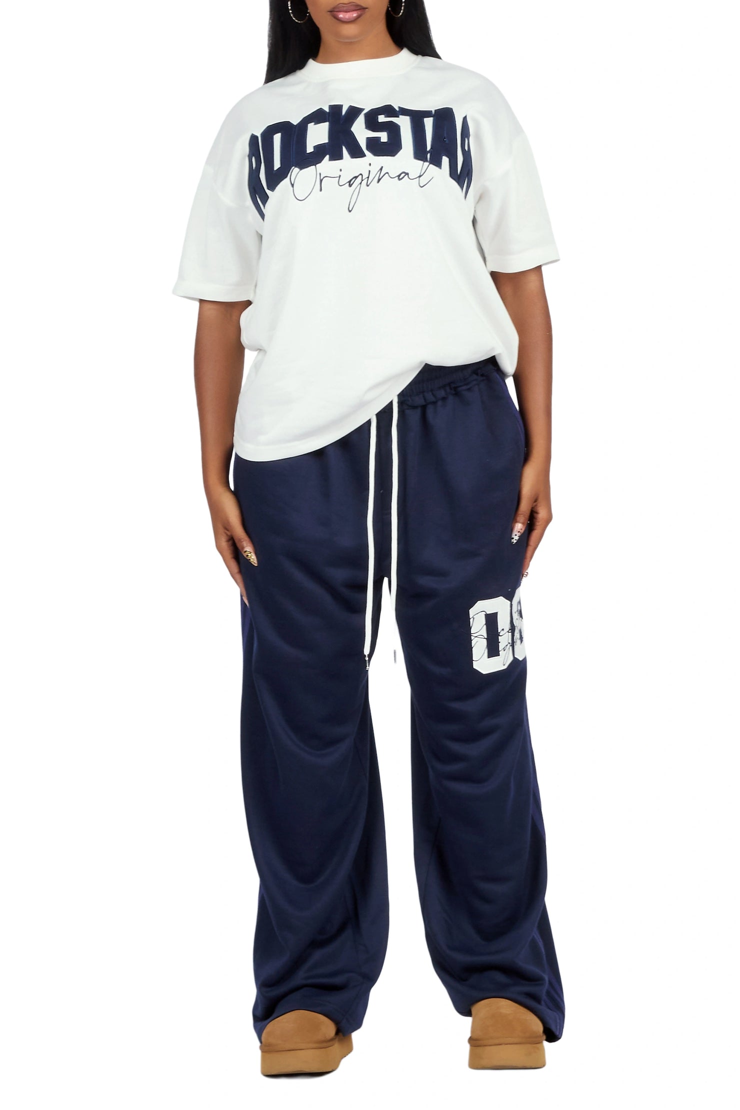 Cheyane White/Navy French Terry Chenille Tee/ French Terry Relaxed Track Set