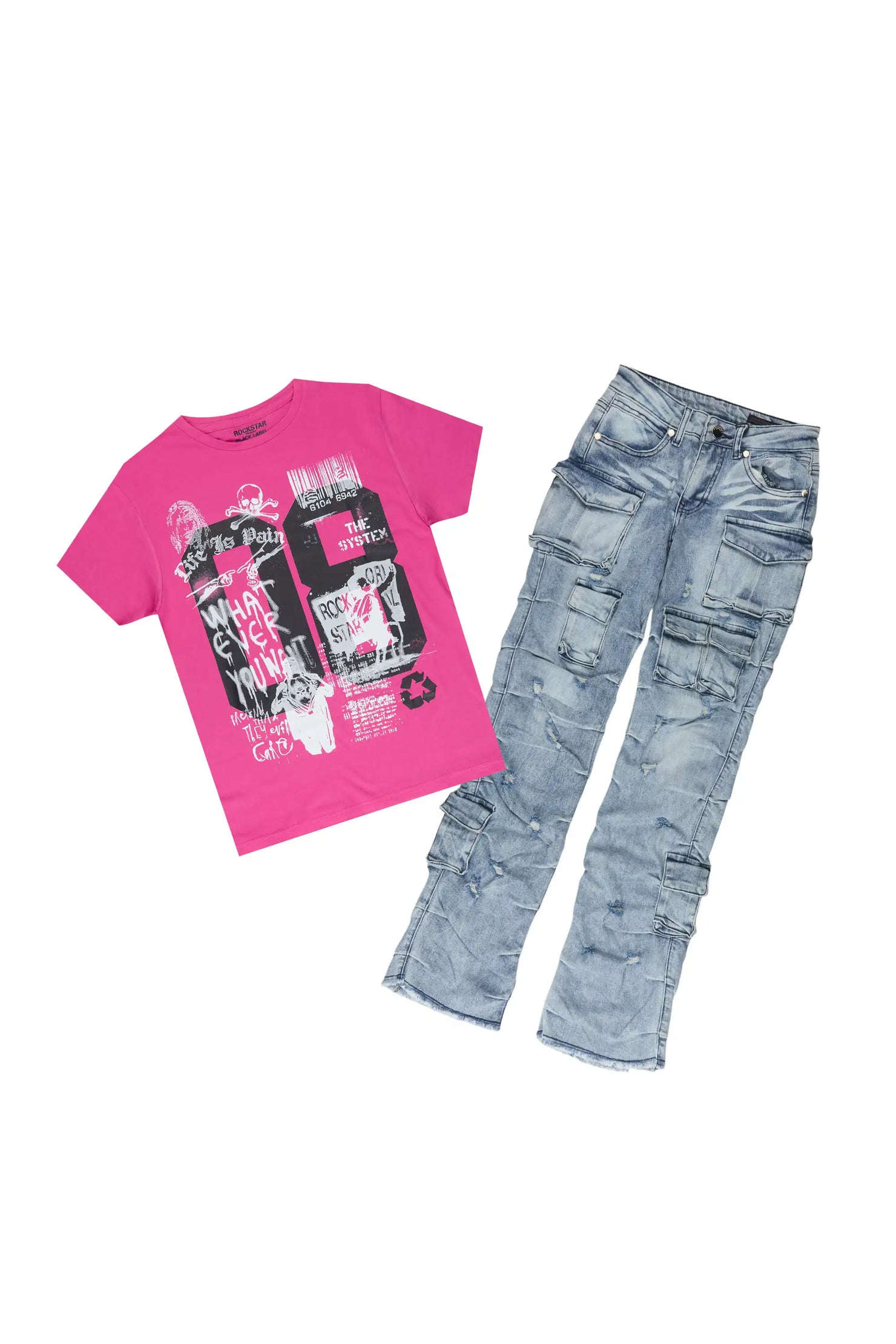 Girls Mabel Fuchsia/Blue T-Shirt Stacked Jean Set