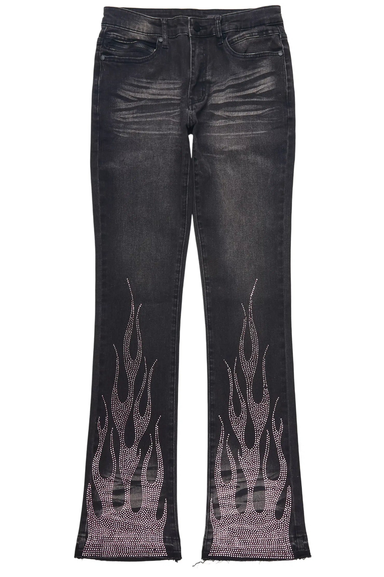 Samba Dark Grey/Pink Rhinestone Stacked Flare Jean