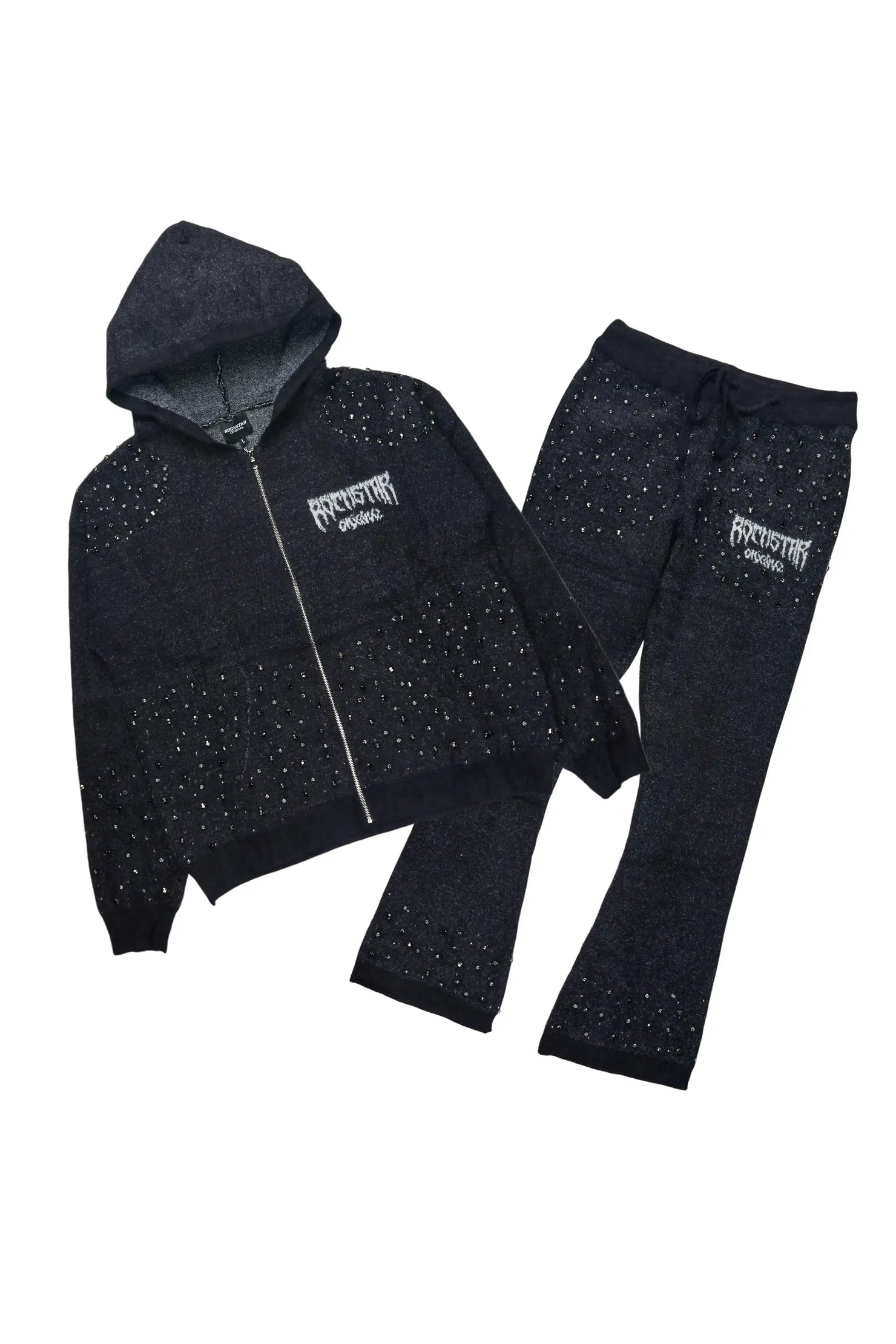 Lapiz Black Rhinestone Mohair Knit Stacked Flare Track Set