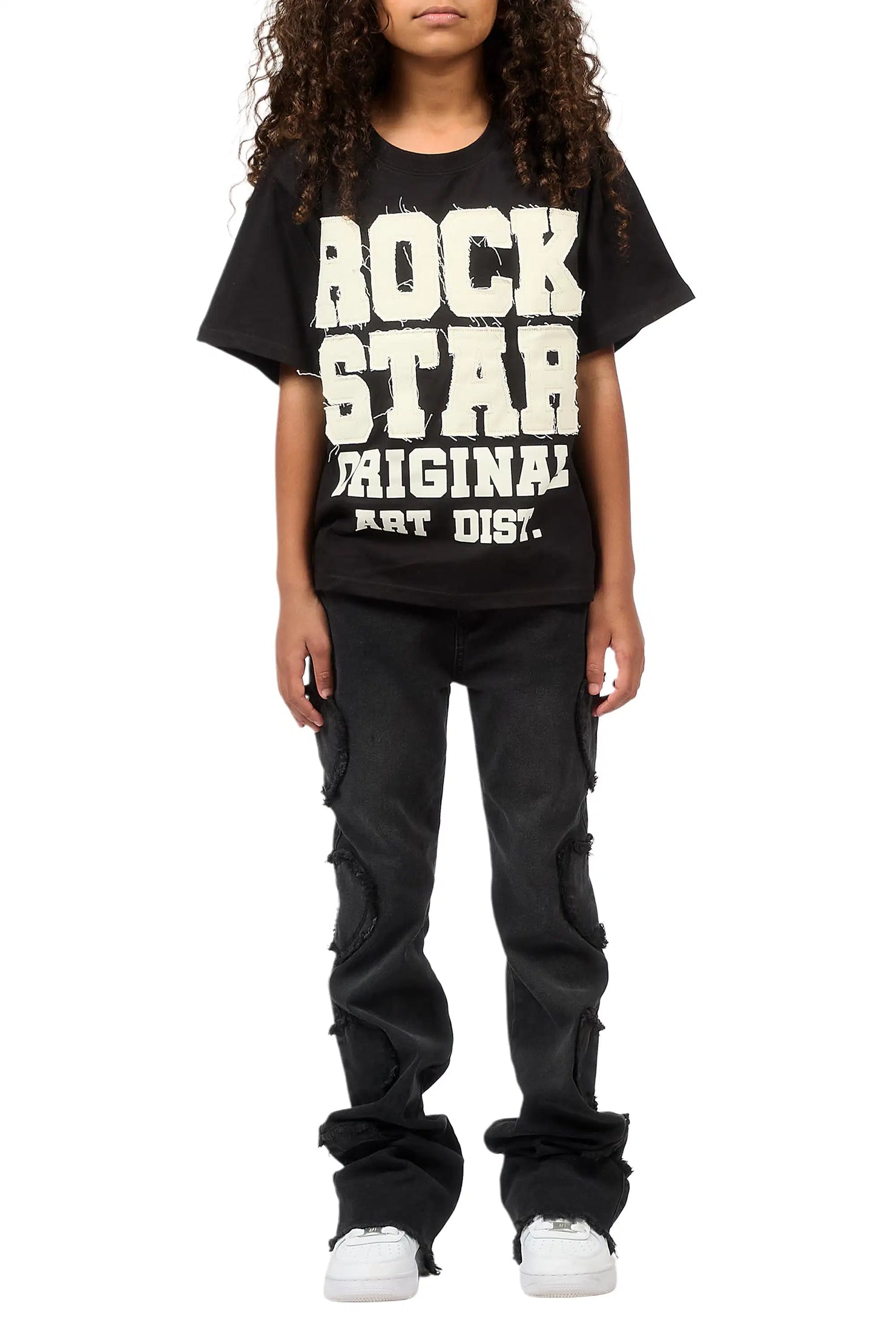 Girls Sinayah Heart Black Stacked Flare Jean