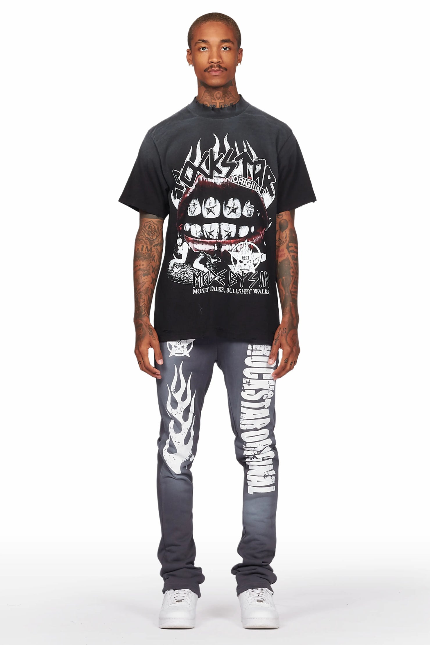 Vadim Charcoal/Black Oversize T-Shirt/Stacked Flare Track Set