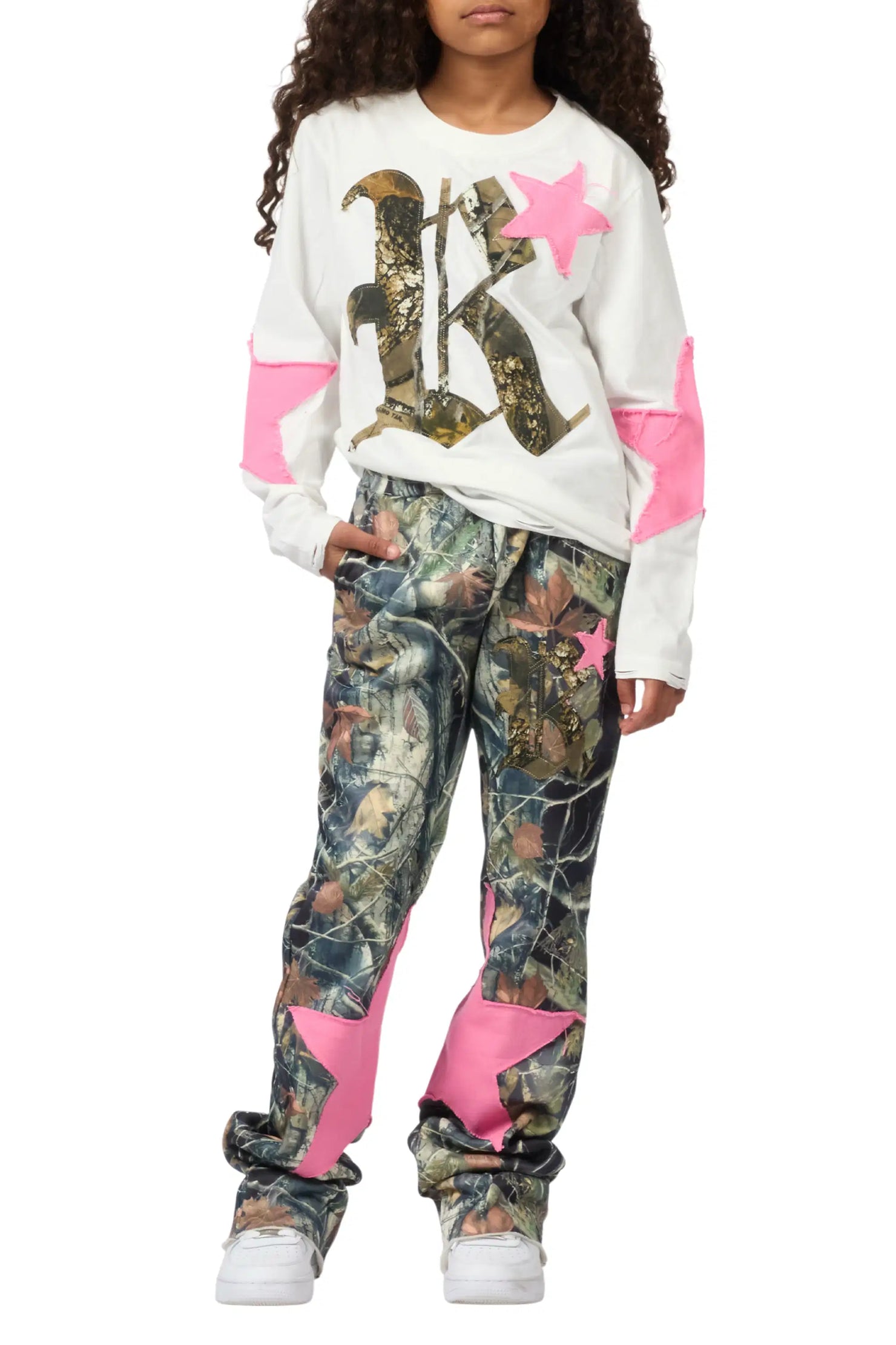 Girls Delgera White/Camo Long Sleeve T-Shirt Track Set