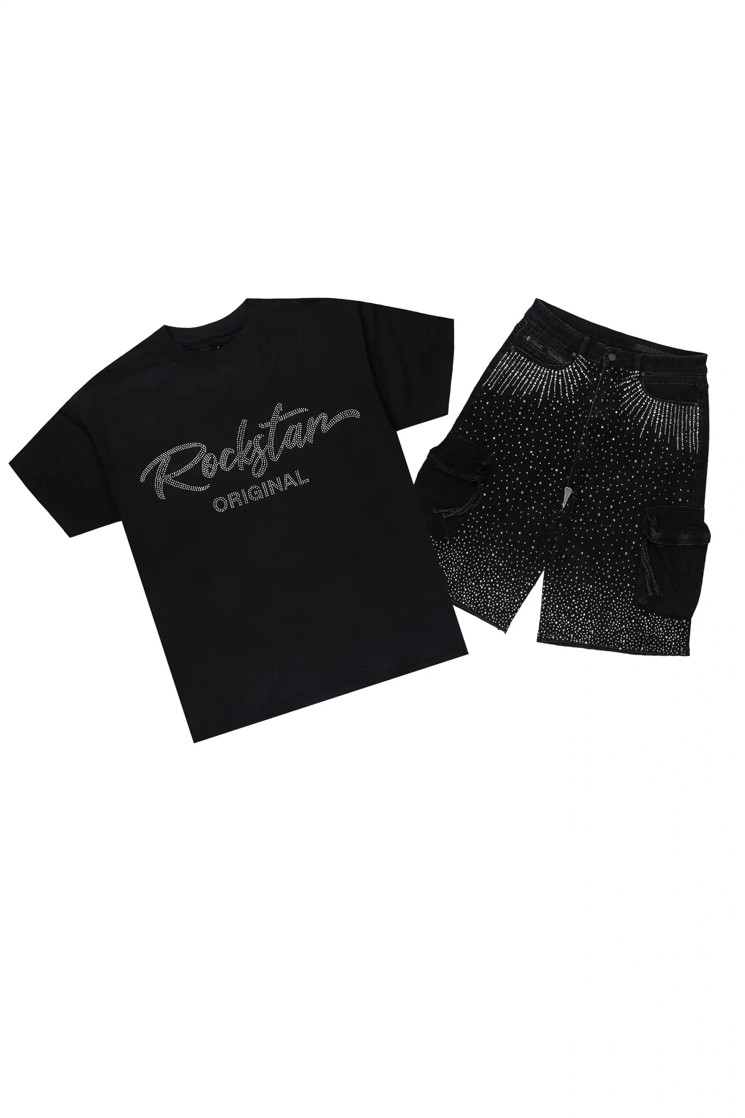 Keoni Black Rhinestone T-Shirt Denim Jort Set